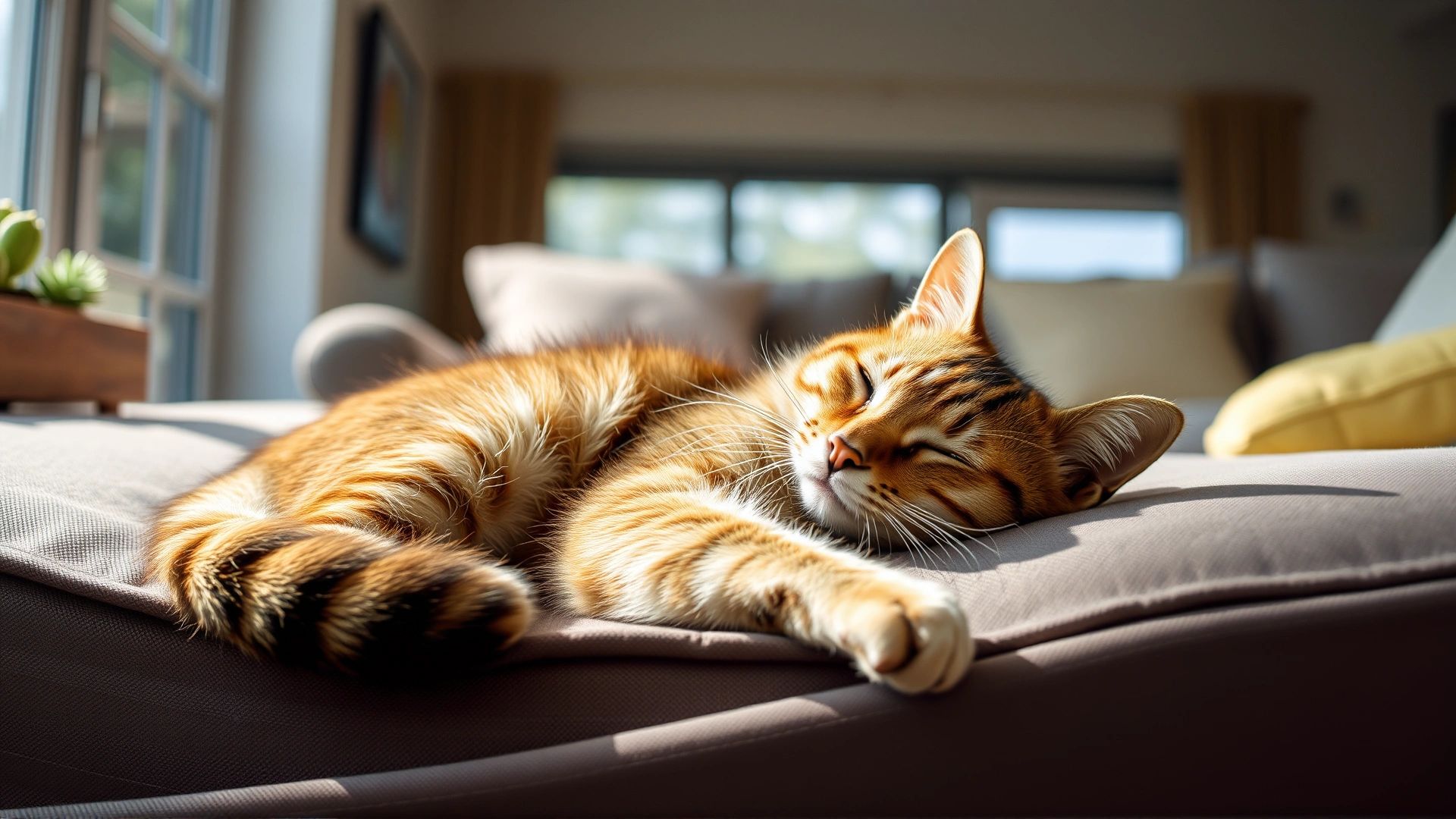 Content cat lying comfortably on a sofa in a sunlit living room, eyes half-closed, conveying recovery and relaxation.