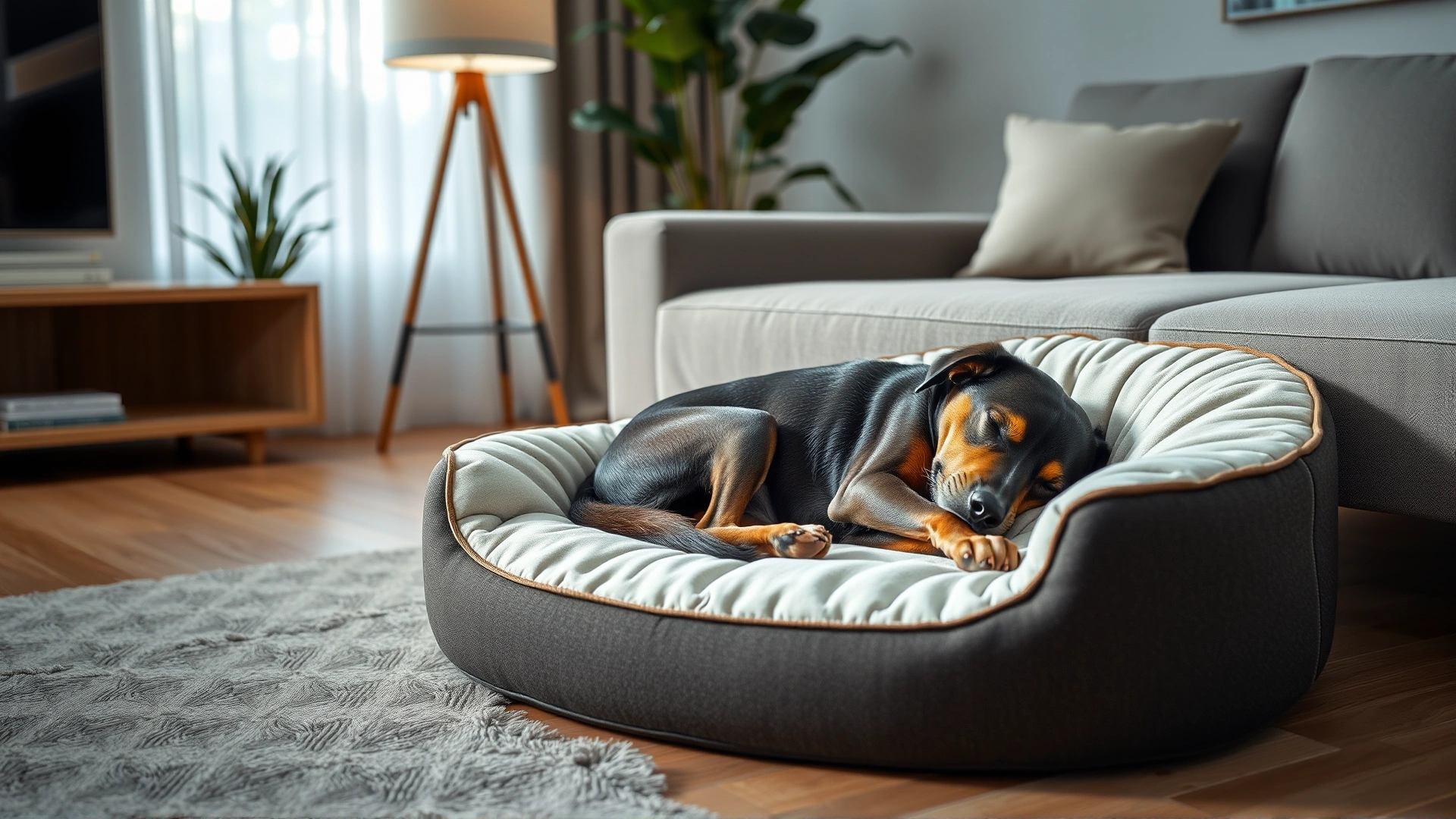 Inviting scene of a modern living room corner with a high-quality orthopedic dog bed and a relaxed dog snoozing, emphasizing sleep environment