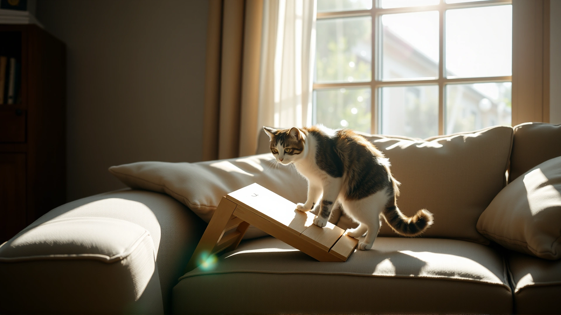 Sunlit interior scene showing a senior cat using a small wooden ramp to climb onto a sofa with soft cushions