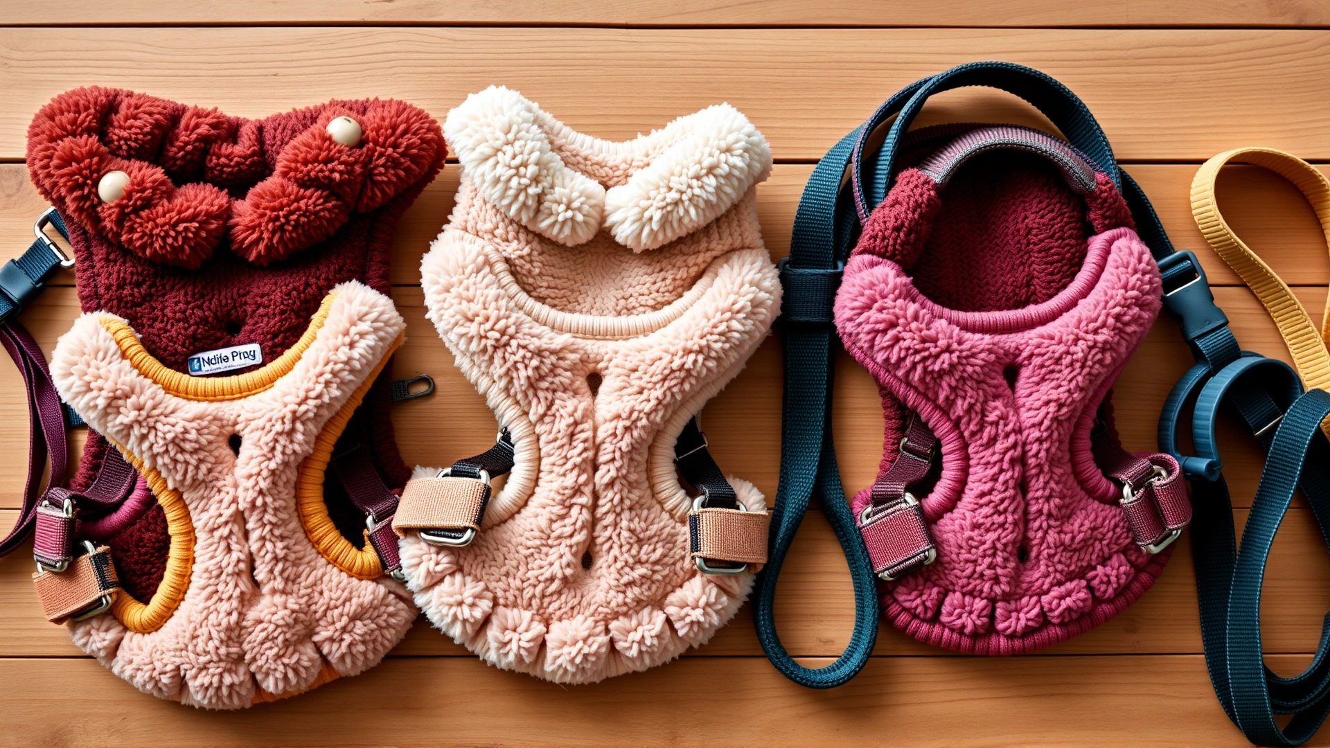 Selection of soft, well-fitted dog harnesses and leashes neatly arranged on a wooden surface.