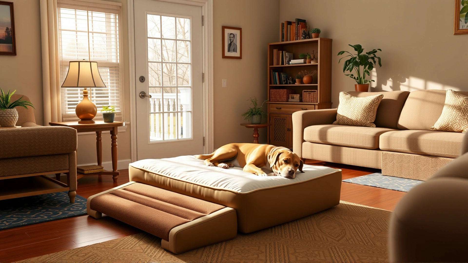 Cozy living room with a memory-foam dog bed, ramps instead of stairs, and non-slip rugs, senior dog resting peacefully.