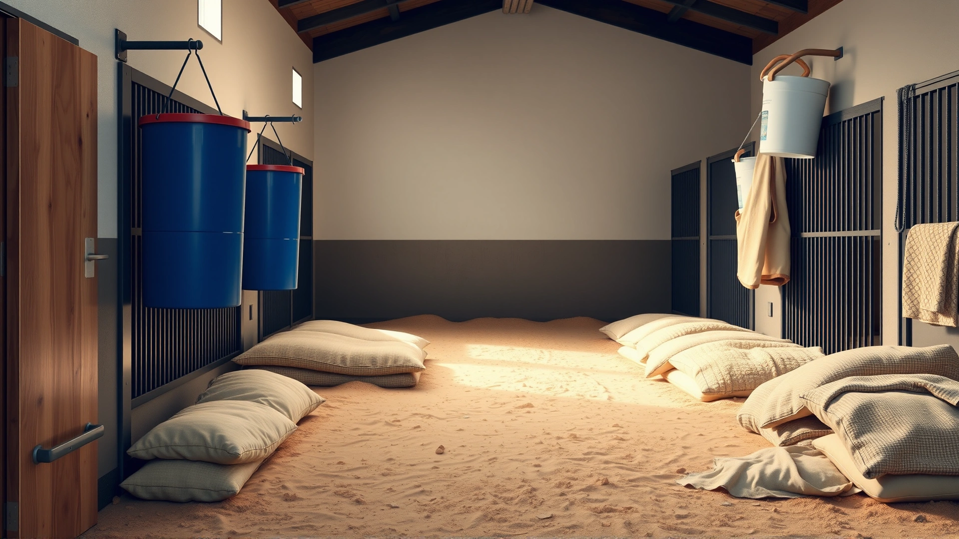 Clean, well-lit stable interior with soft bedding and fresh water buckets hanging, evoking a calm recovery environment, no text.