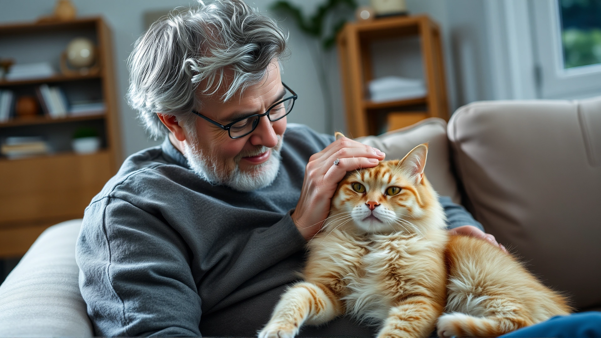 An owner gently stroking an elderly cat on a couch, both looking calm and comforted in a softly lit living room