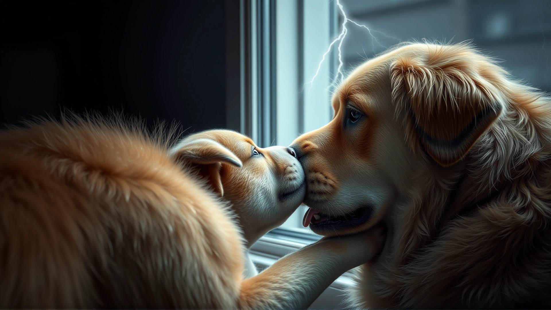 Older dog gently licking a frightened puppy near a window during a thunderstorm, soft indoor lighting, no text