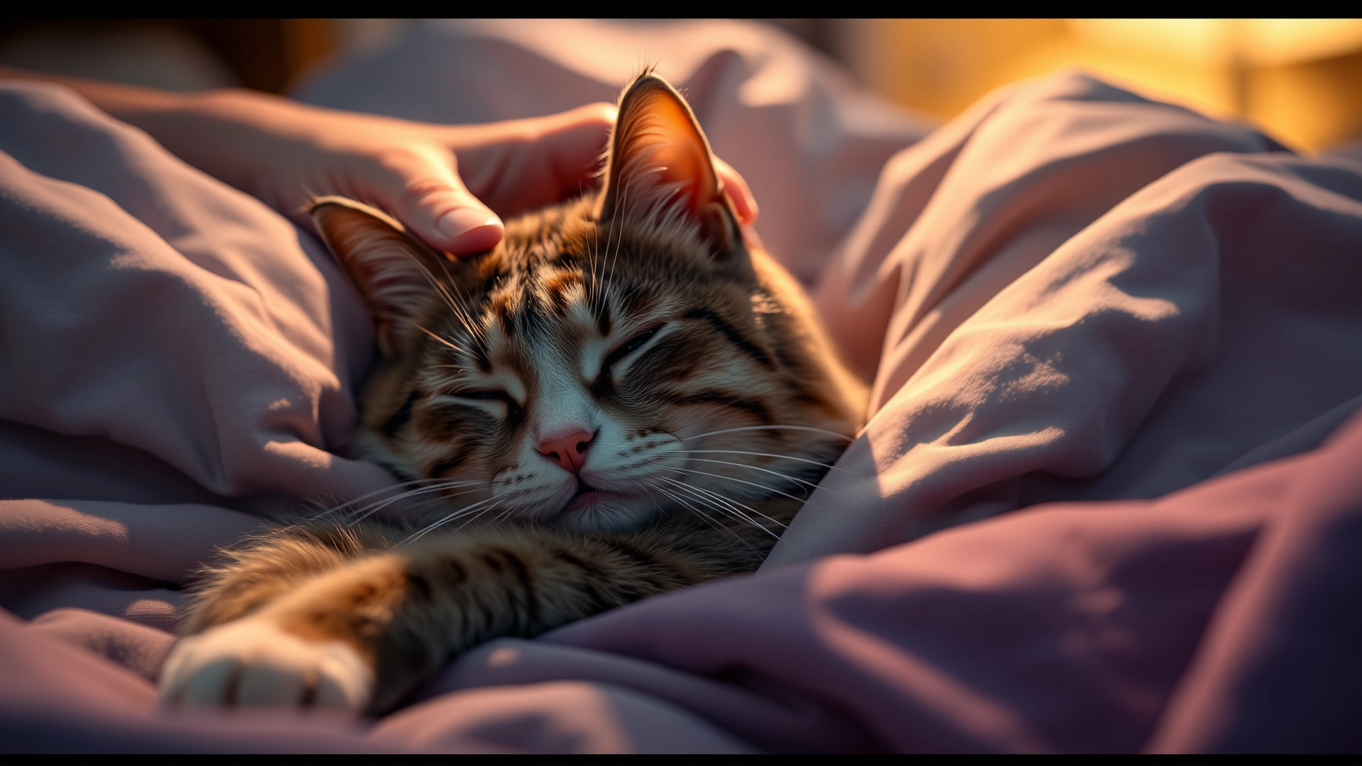 Recovered cat resting comfortably in a cozy bed at home, owner’s hand gently petting its head, warm ambient lighting conveying safety and care