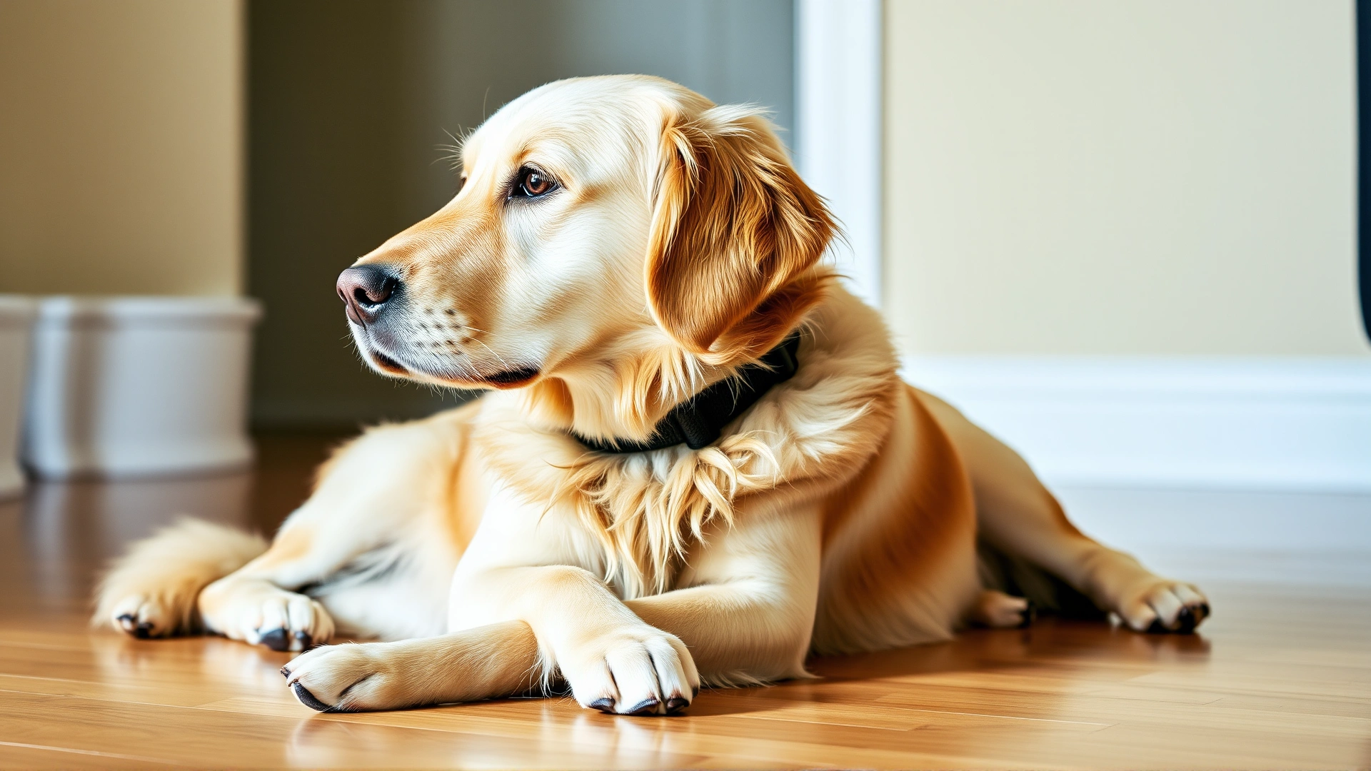 Medium-sized golden retriever wearing a black Comfy Cone soft recovery collar, resting on hardwood floor with soft natural lighting
