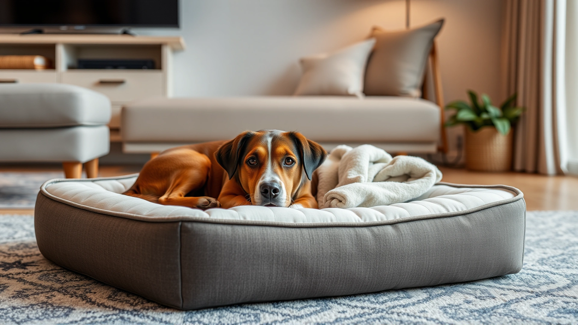Close-up of an inviting orthopedic dog bed with a soft blanket in a stylish living room corner
