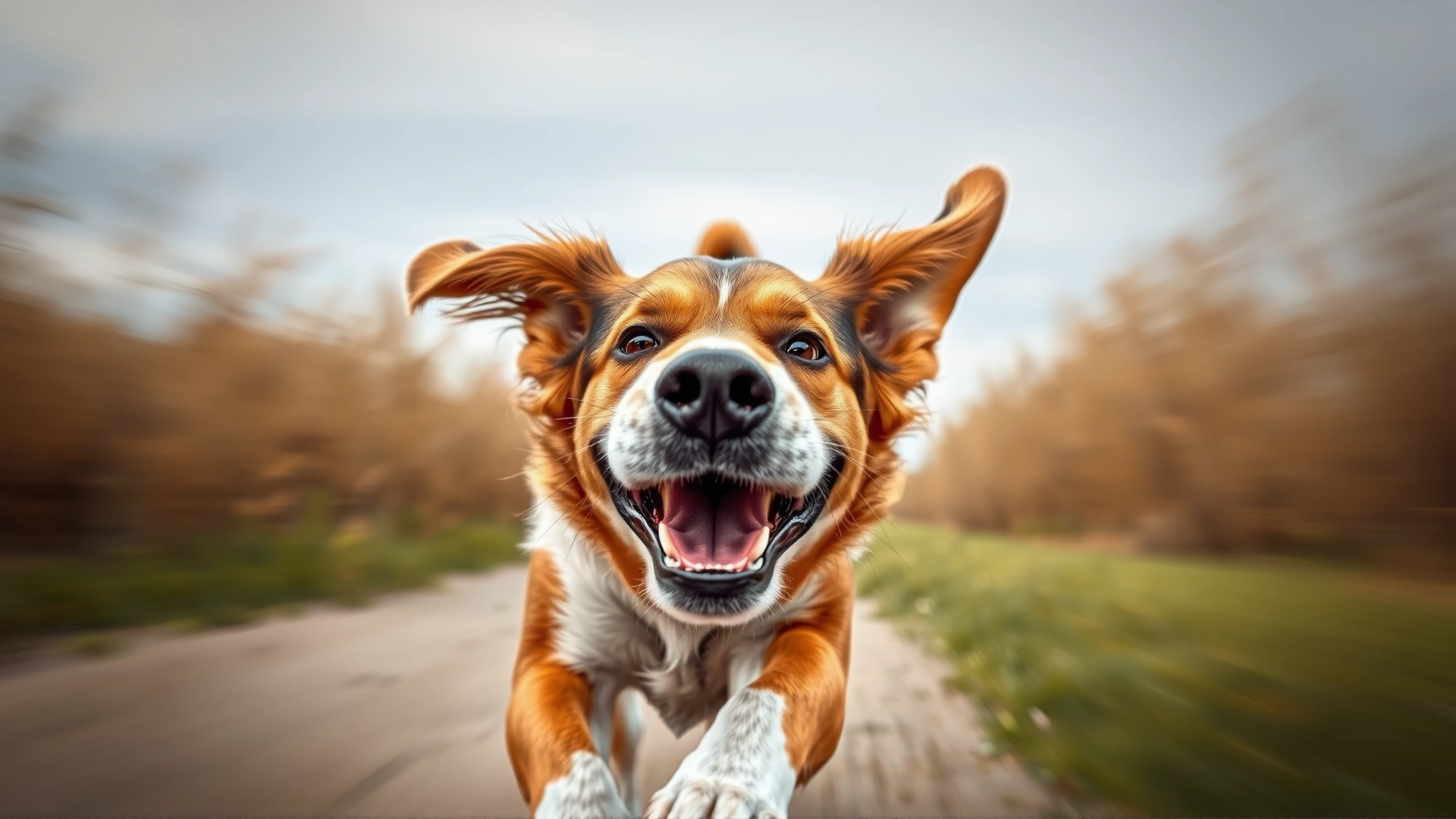 Close-up of a dog sprinting toward the camera with ears flapping, illustrating the