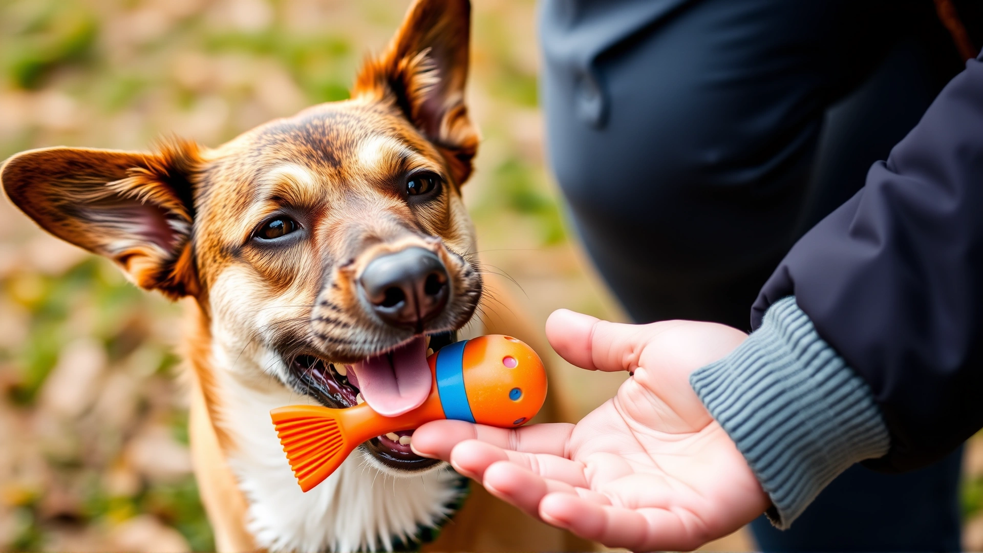 Dog releasing a toy from its mouth into the owner's hand, exemplifying the