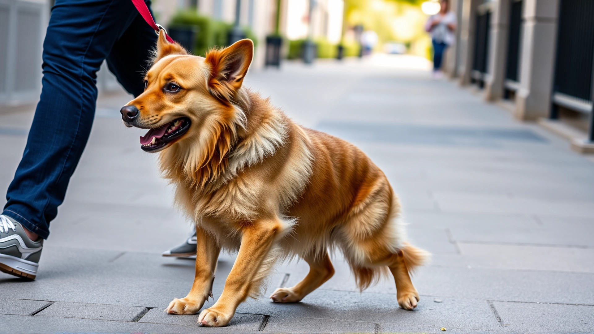 Dog walking closely by its owner's left leg on a sidewalk, leash loose and relaxed, demonstrating the