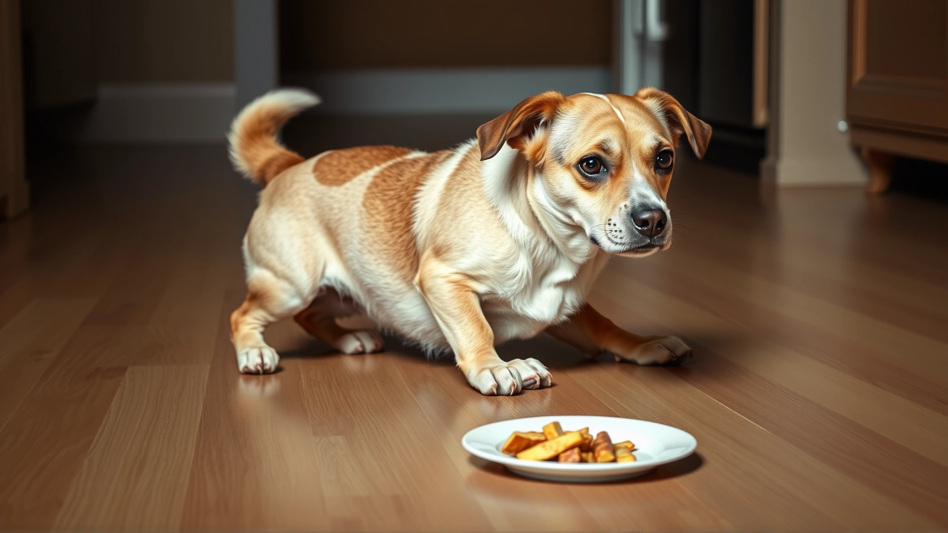 Dog looking away from a plate of forbidden human food on the floor, showcasing the