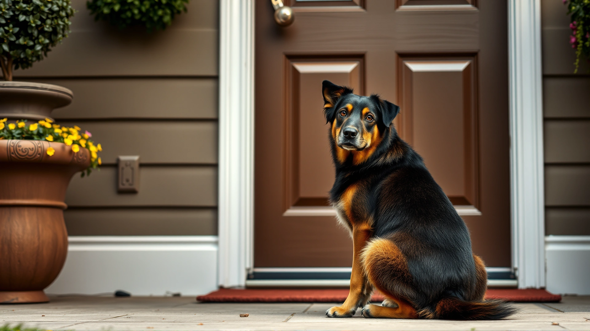 Dog sitting firmly in front of an open front door, maintaining eye contact with its owner to demonstrate the