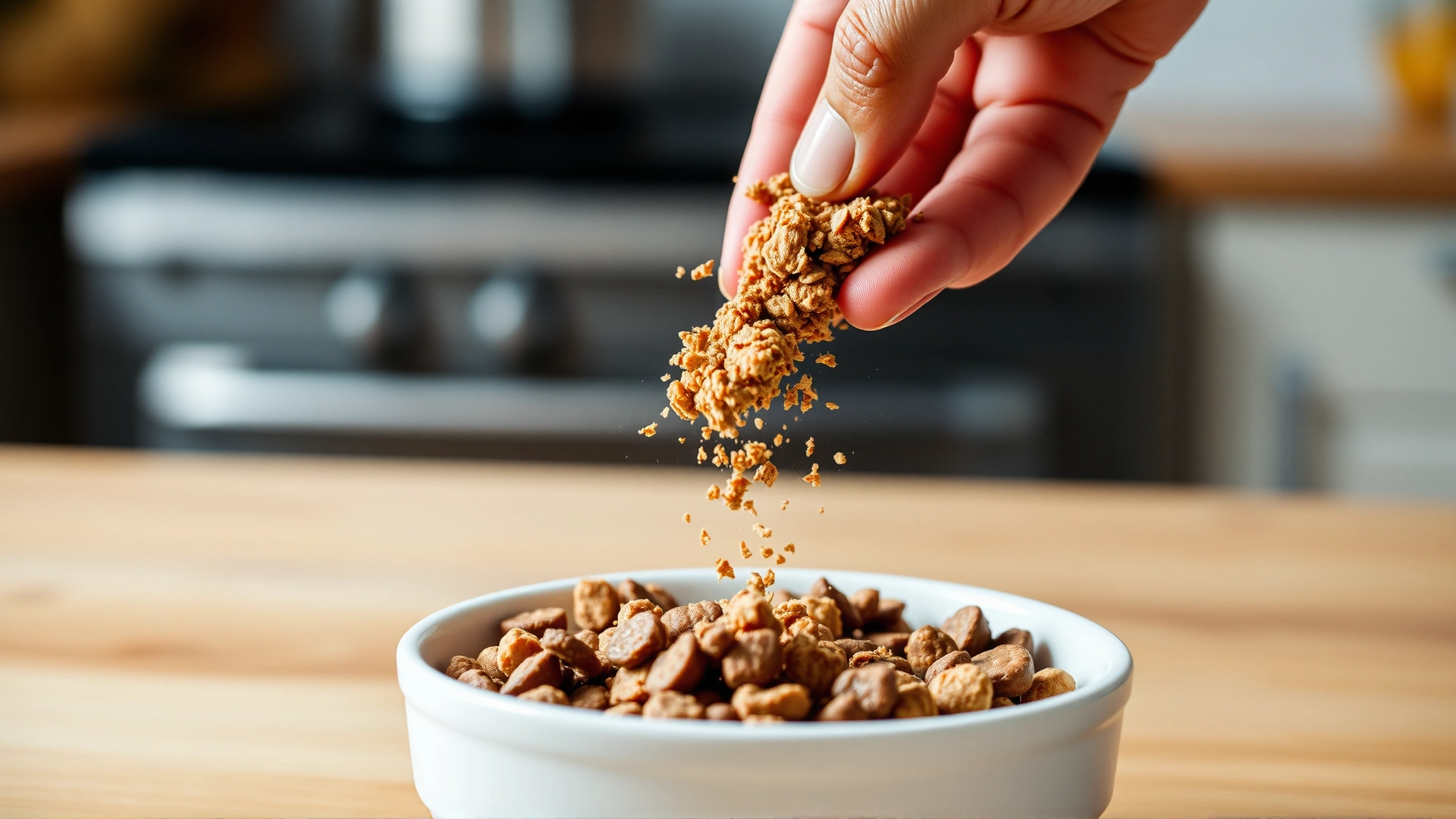 Close-up of a hand sprinkling freeze-dried raw topper over a bowl of dry dog food, kitchen background softly blurred.
