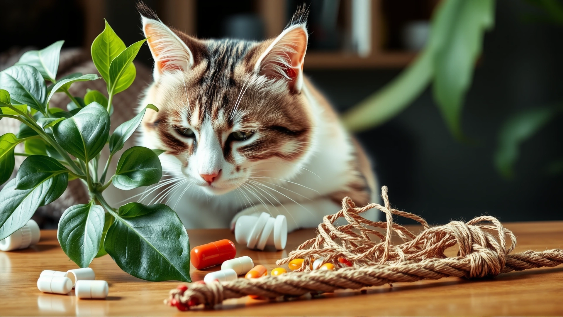 Collage style image showing a cat sniffing a houseplant, scattered human pills, and a tangled piece of string, representing common causes of vomiting blood. No text.