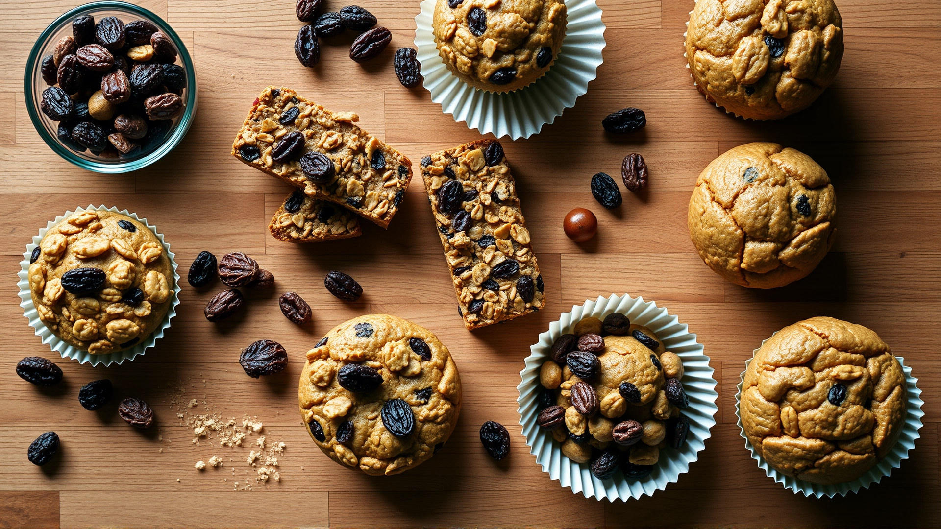 Flat-lay of various human foods containing raisins (granola bars, trail mix, muffins) on a wooden countertop, overhead shot