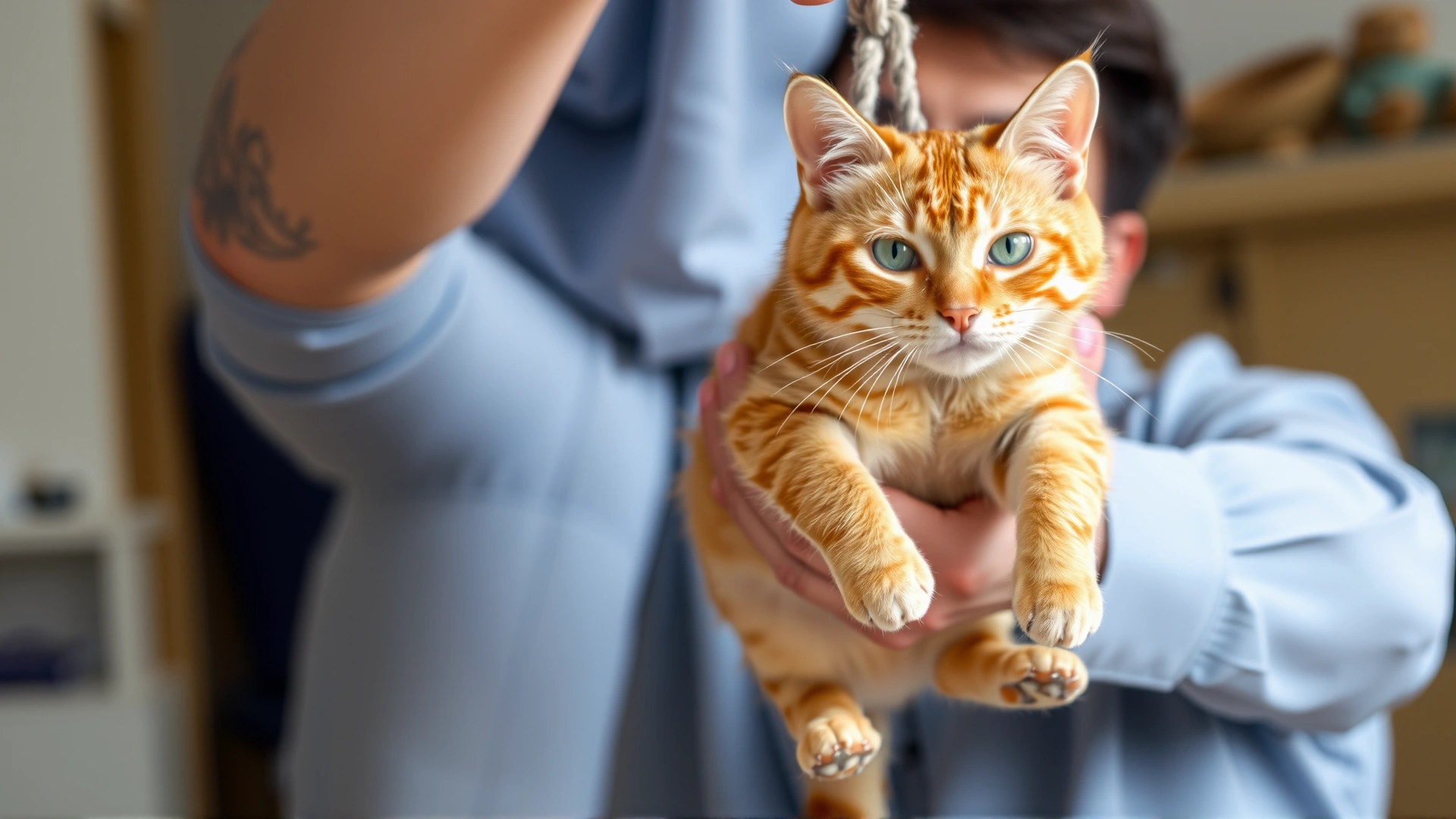 Person attempting to lift a cat by its front legs only, illustrating an incorrect method