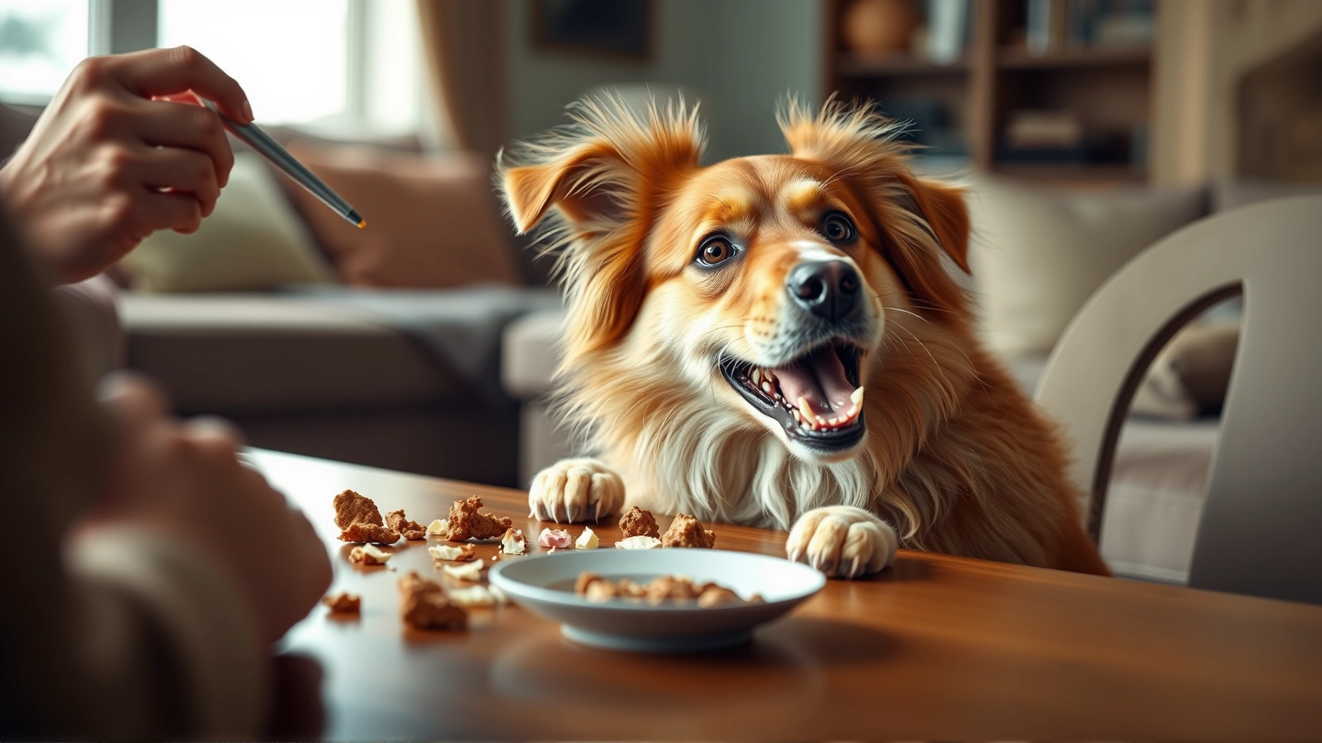 Dog begging at a dining table while owner feeds scraps, living-room background, no text