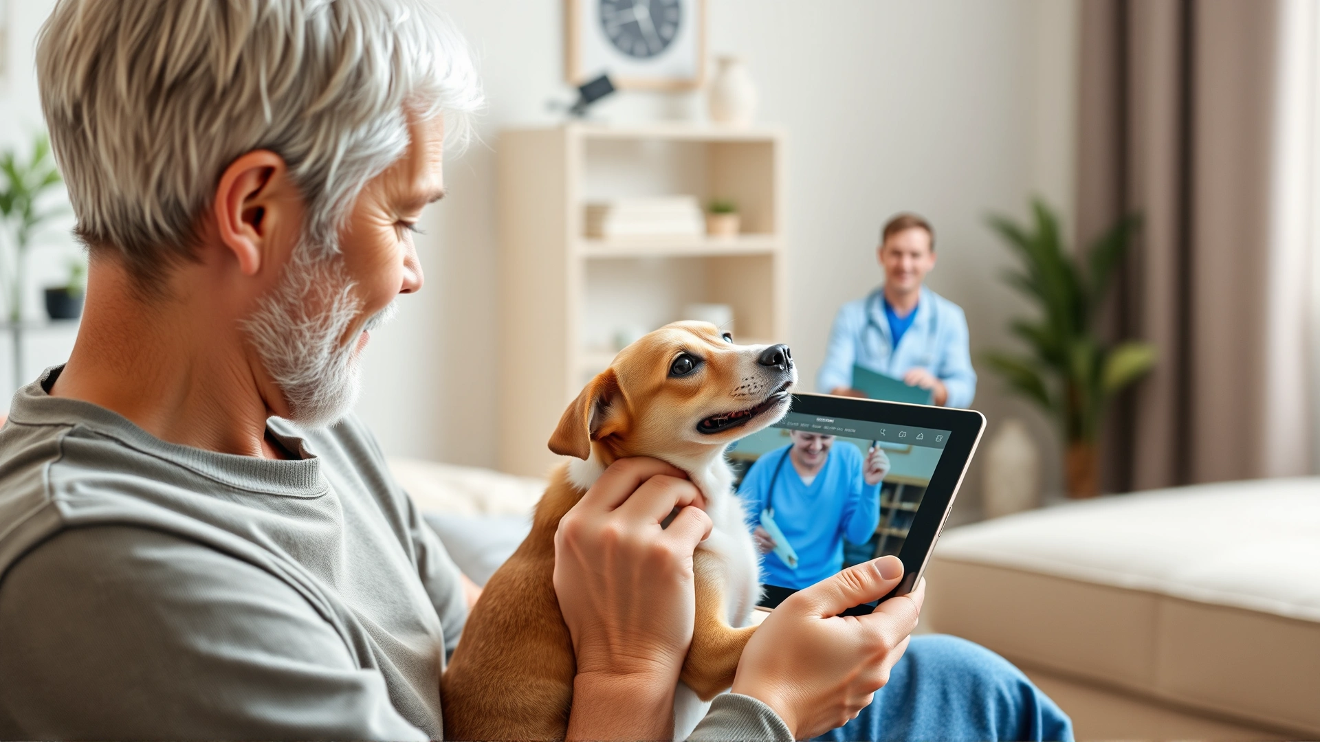 Pet owner video-calling a veterinarian on a tablet while holding their dog at home, showing clear digital communication.