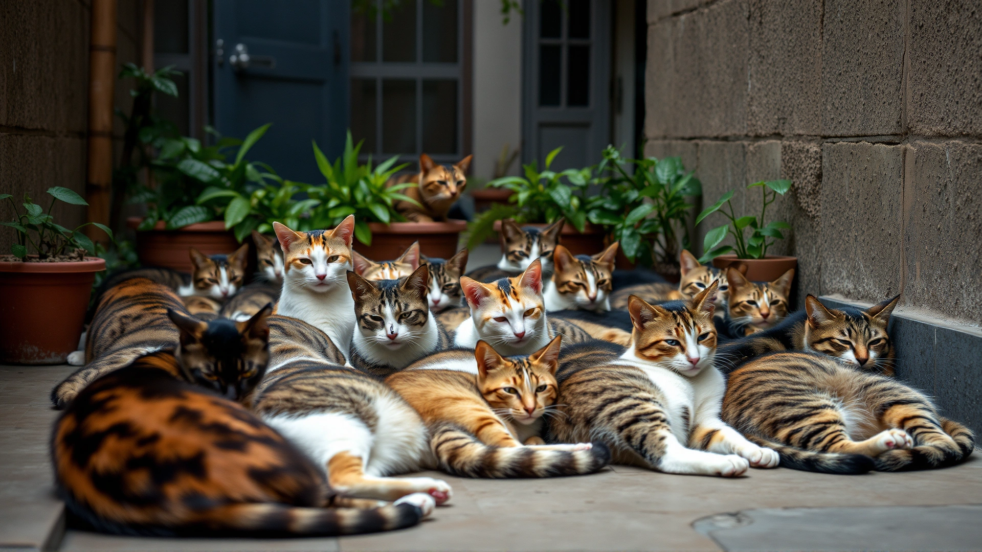 Small colony of well-fed feral cats lounging together peacefully in an urban courtyard.