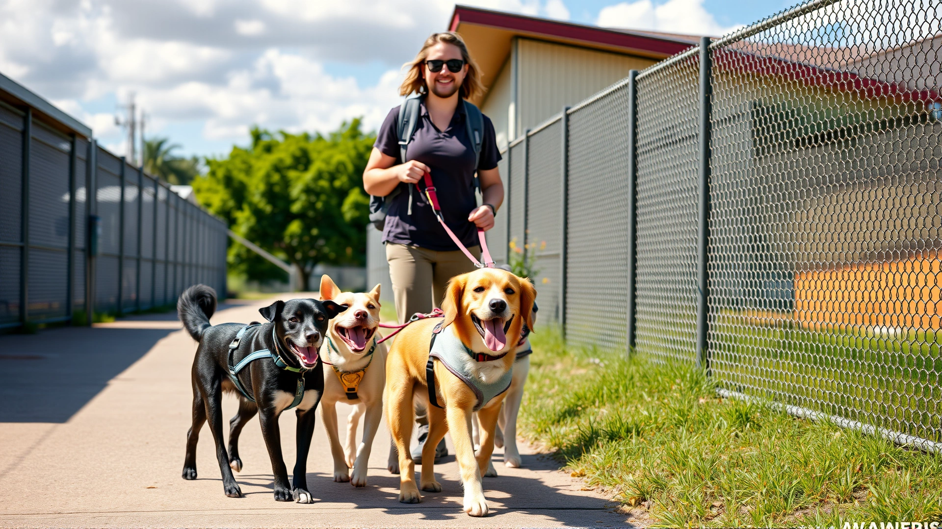 Volunteer walking multiple rescue dogs at an animal shelter outdoor area under sunny skies