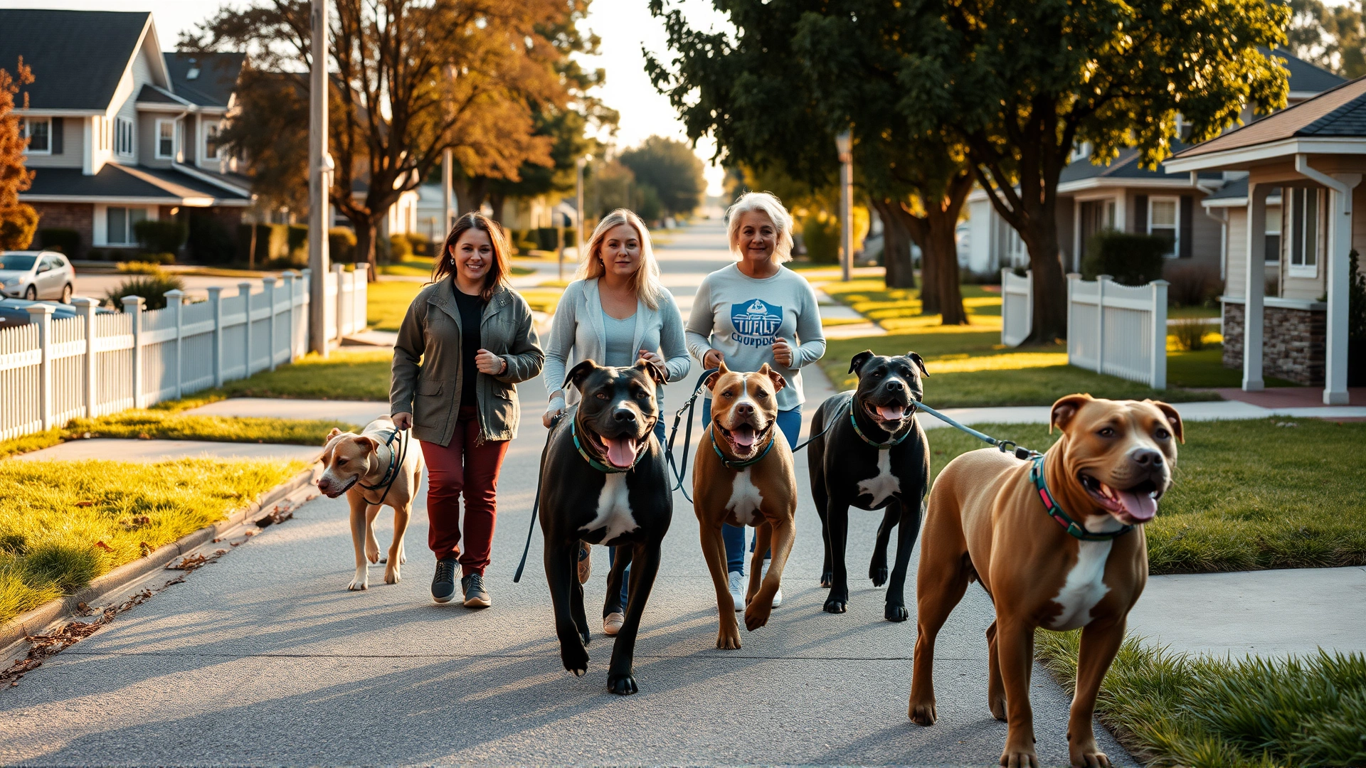 Group of diverse dog owners walking their pit bulls on leashes in a suburban neighborhood, morning light, fostering community engagement
