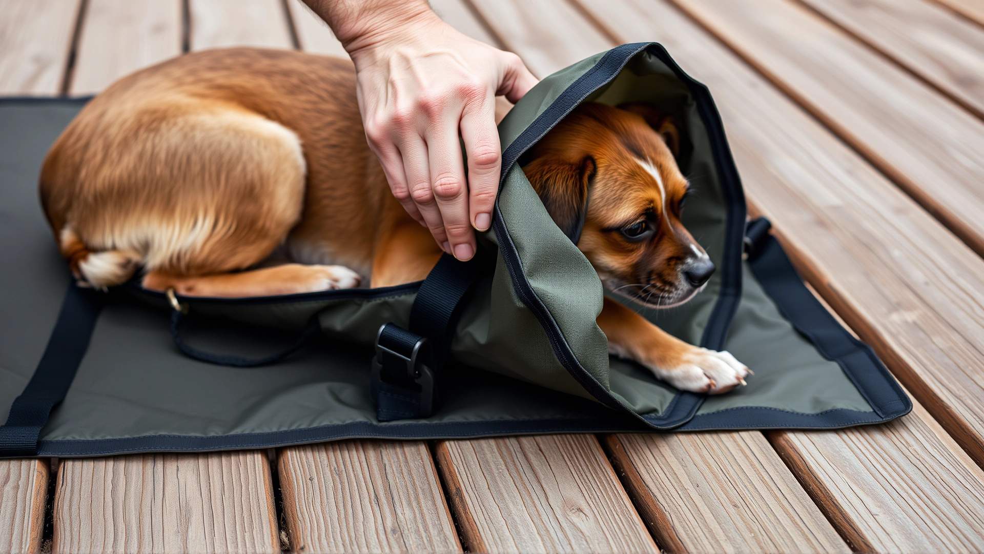 Close-up of a hand rolling up a lightweight dog travel mat and securing it with straps, wooden deck background