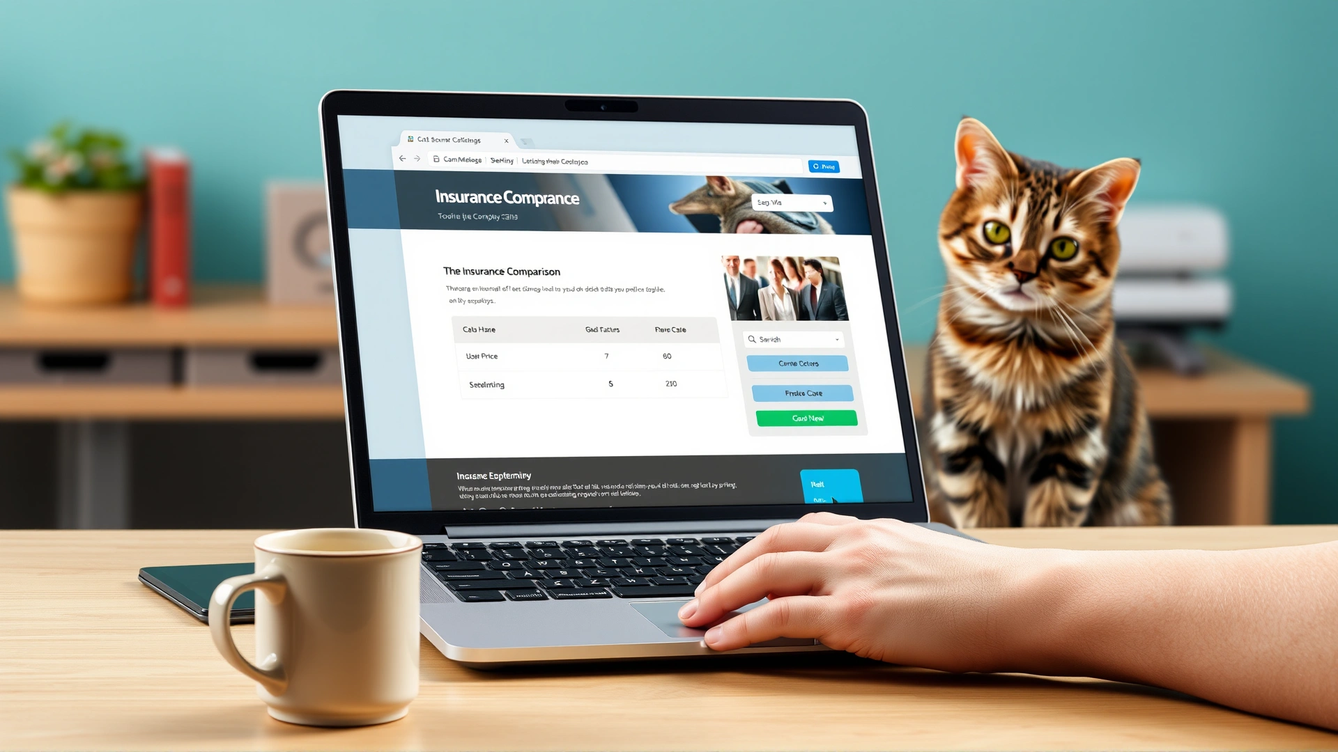 Person sitting at a desk with a laptop open to an insurance comparison website, coffee mug nearby, and a curious cat watching the screen.