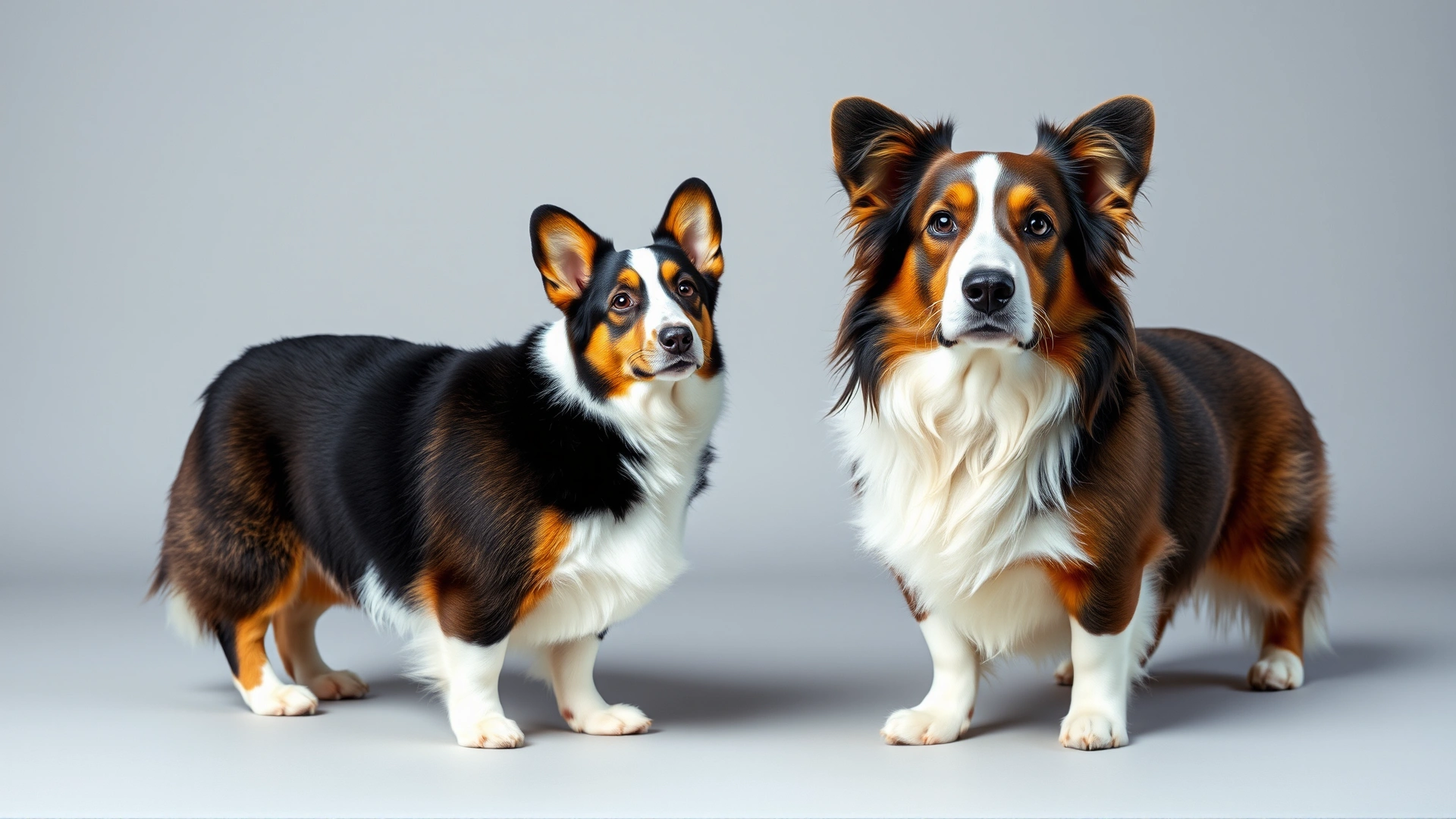 Side-by-side image: Pembroke Welsh Corgi without tail beside a Cardigan Welsh Corgi with long tail, both standing on neutral background for comparison.