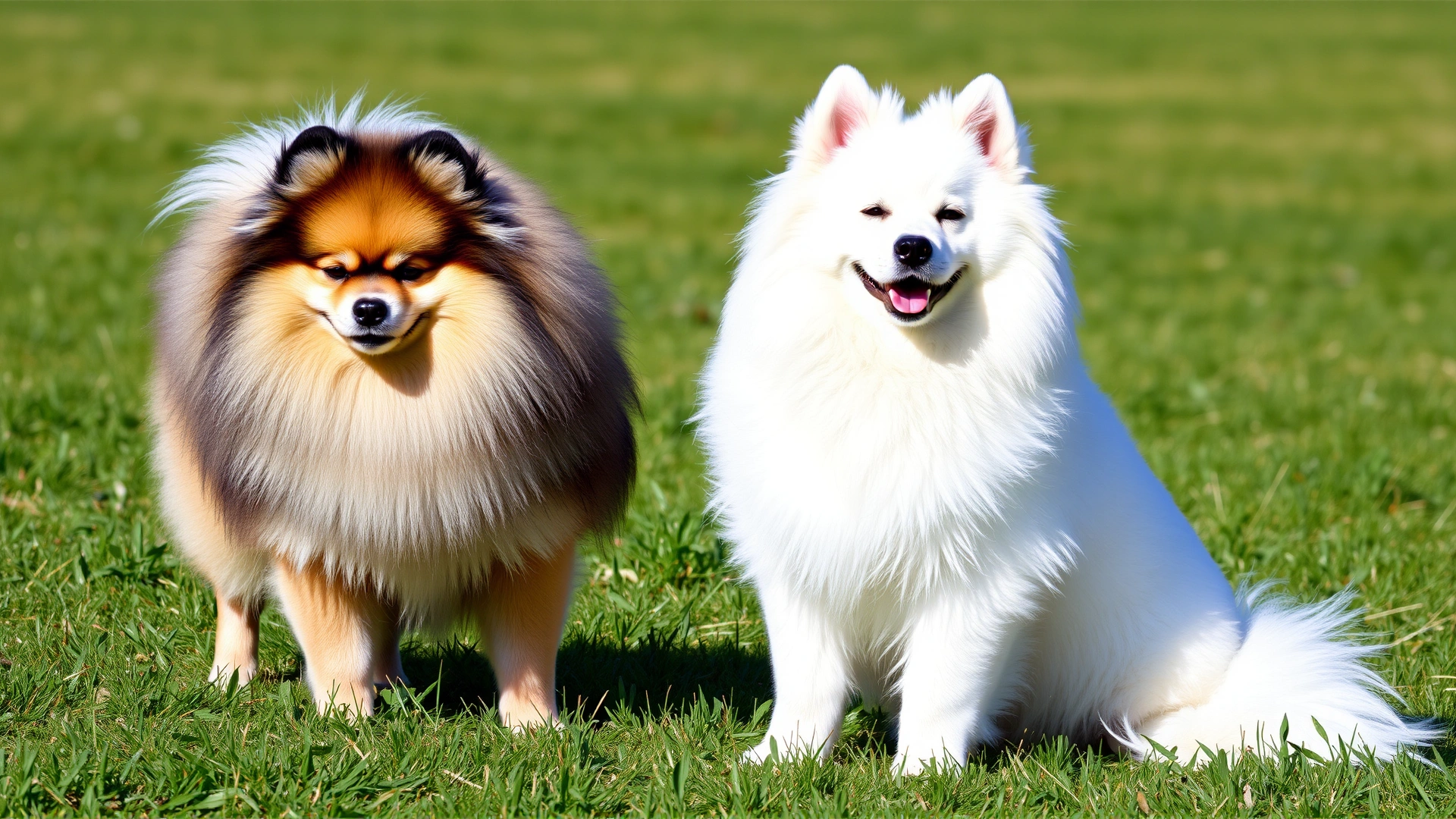 Japanese Spitz standing beside a slightly larger American Eskimo Dog on a grassy field, clear size comparison, bright sunny day