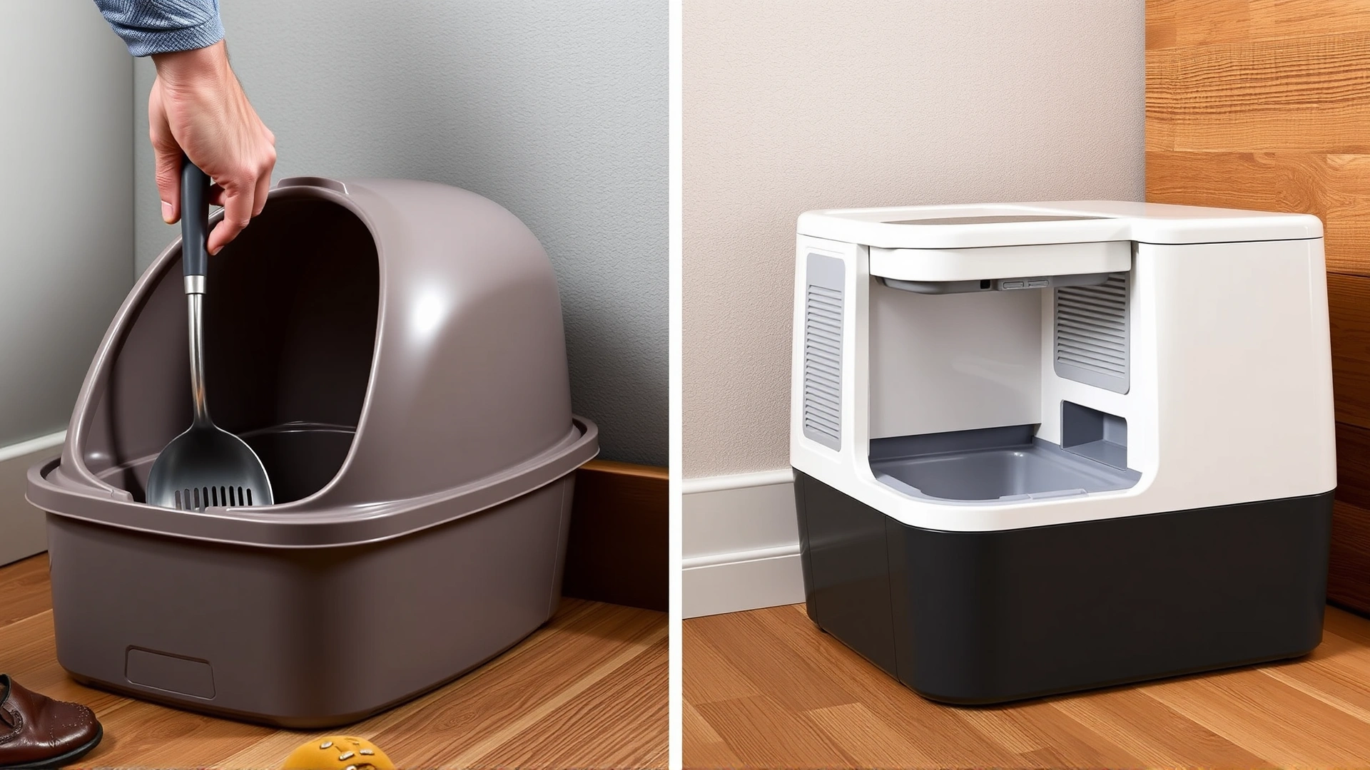 Split-scene photo: on the left a hand scooping a traditional litter box with a scoop, on the right an automatic self-cleaning litter box operating, no text.