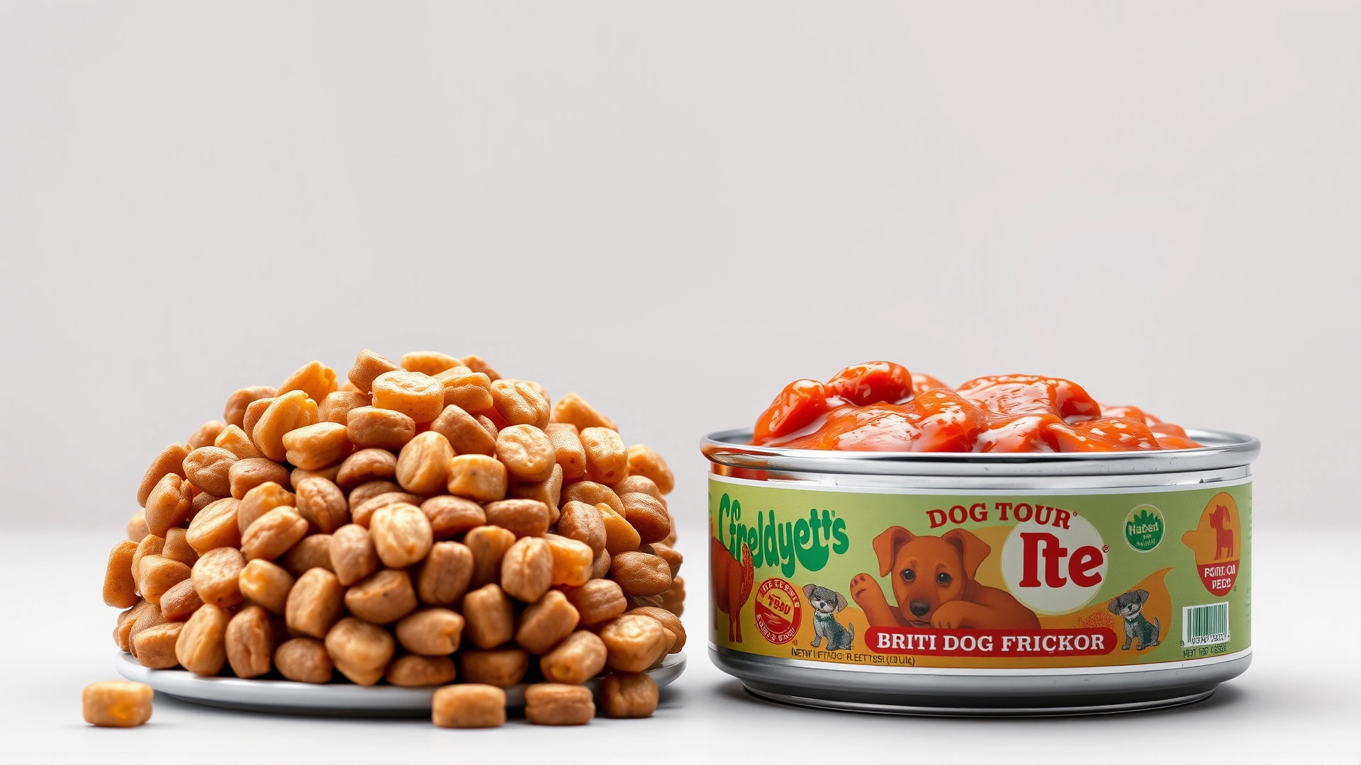 Split-view image with dry dog kibble on one side and wet canned dog food on the other, neutral background, high resolution