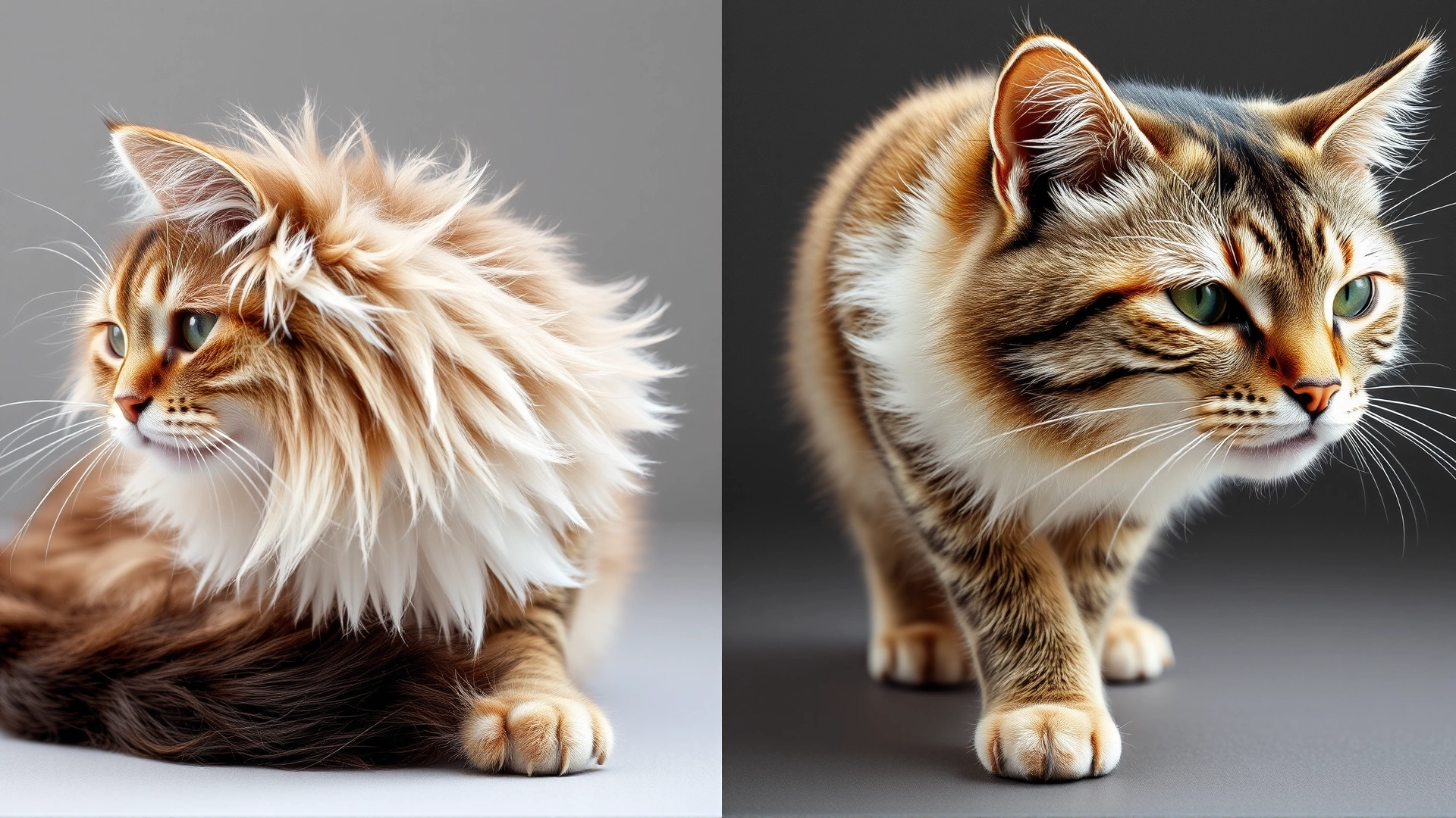 Side-by-side style image of two cats: one shedding normally with healthy fur, the other with visible alopecia patches; neutral background.
