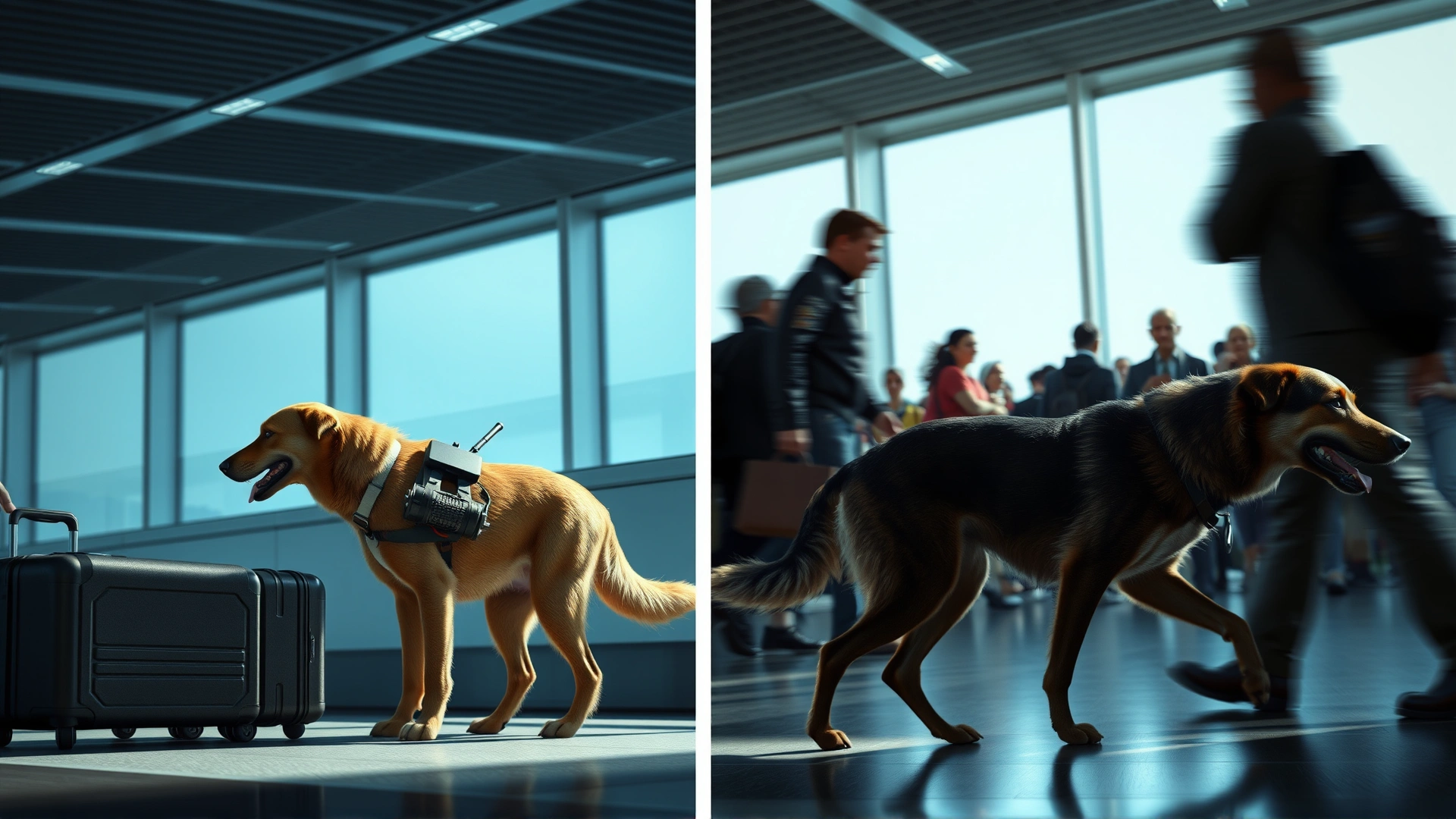 Split-image: on one side a traditional bomb-sniffing dog checking luggage, on the other a Vapor Wake dog tracking a moving person in a crowd.