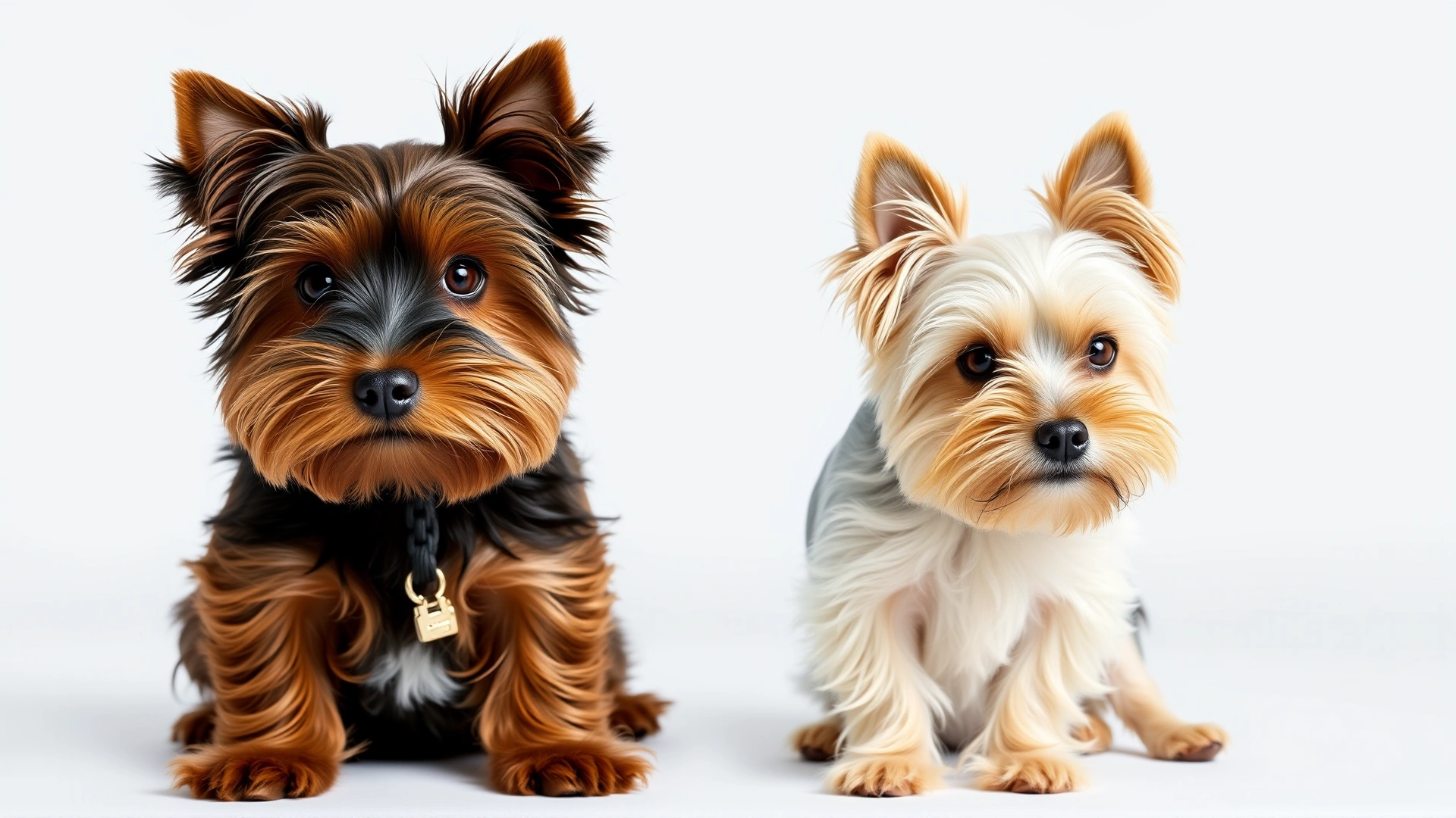 Side-by-side photo of a Biewer Terrier and a Yorkshire Terrier sitting facing forward on a white background for visual comparison.