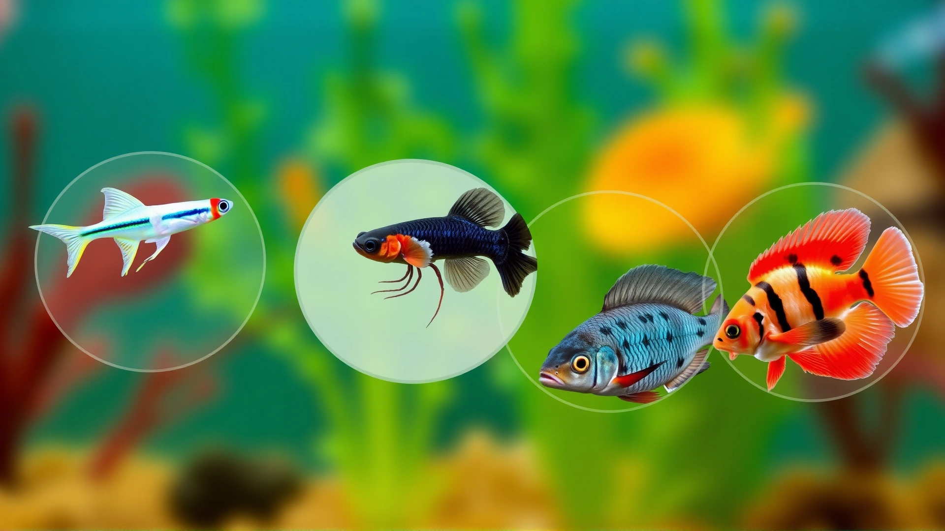 Collage-style image of the top five recommended community fish species (neon tetra, guppy, black molly, cory catfish, ram cichlid) in individual transparent circles on blurred aquarium background.