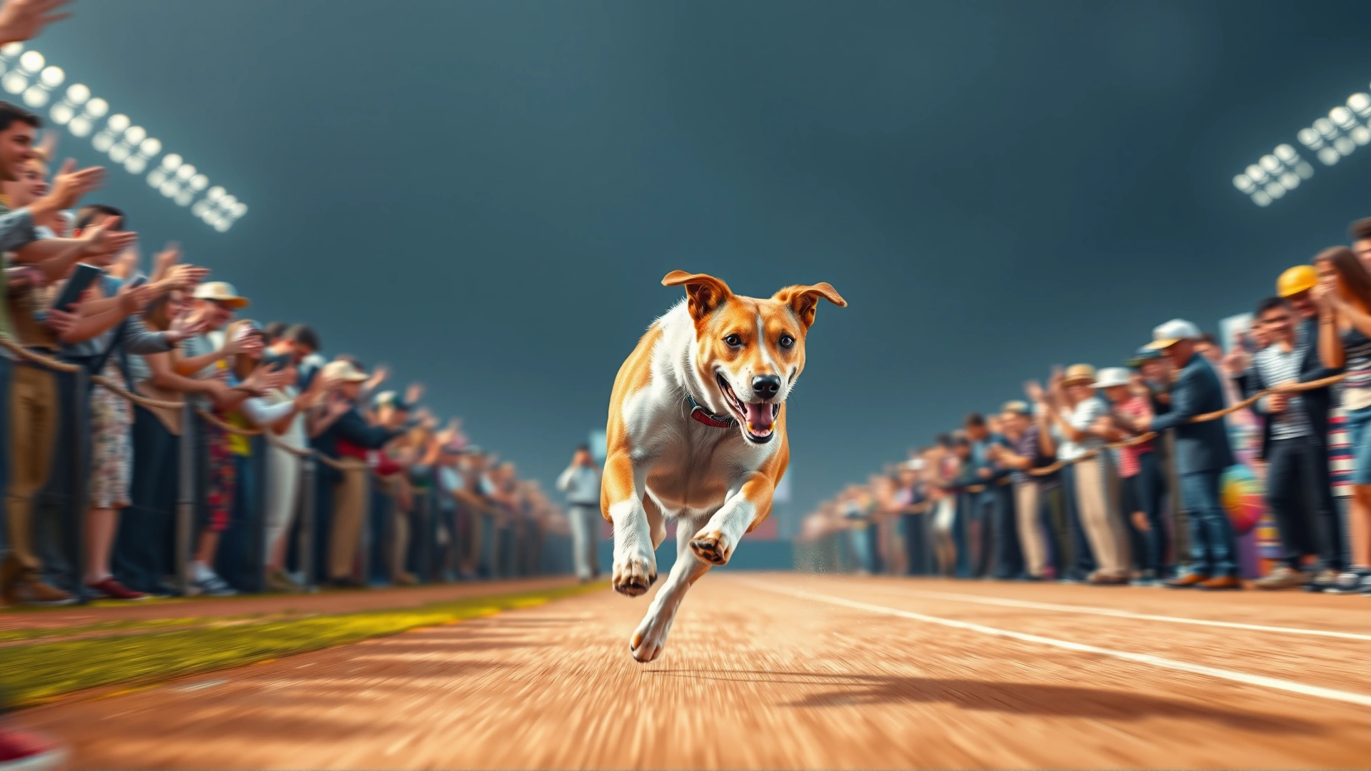 High-energy image of a dog sprinting down an A-Frame with a cheering crowd and judge visible in soft focus behind.