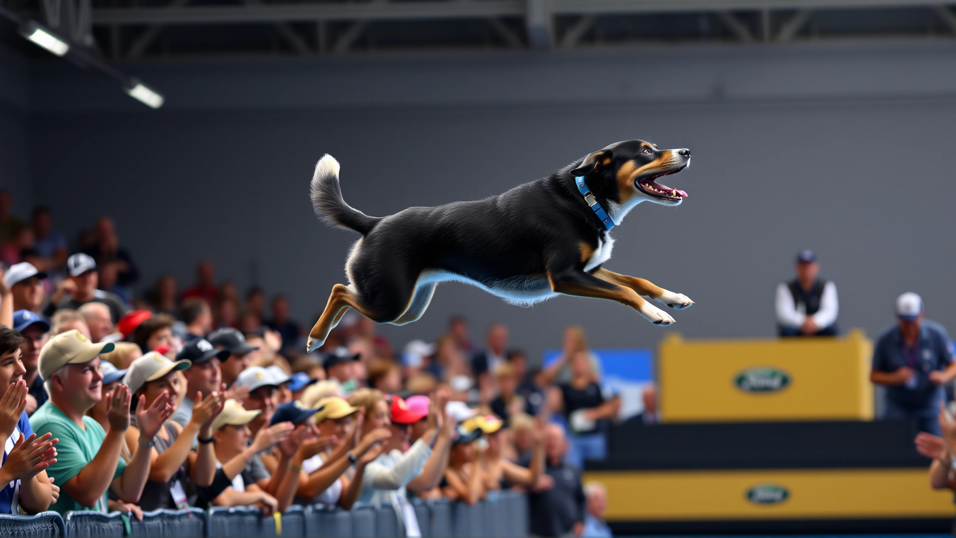 Crowd cheering at a dock diving competition, dog mid-jump, judges visible in background, festive environment.