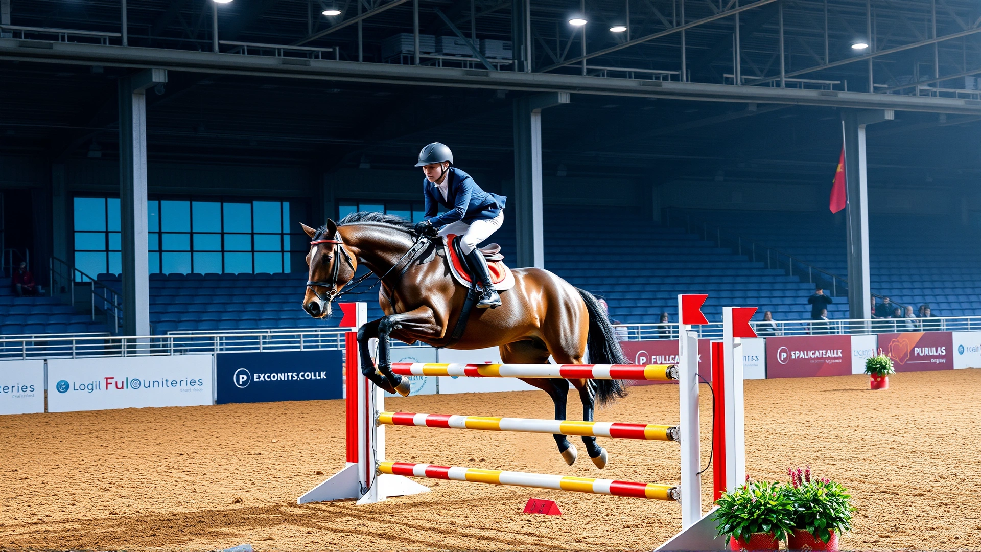 Action shot of a sport horse and rider jumping over an obstacle in a competition arena, symbolizing equestrian sports
