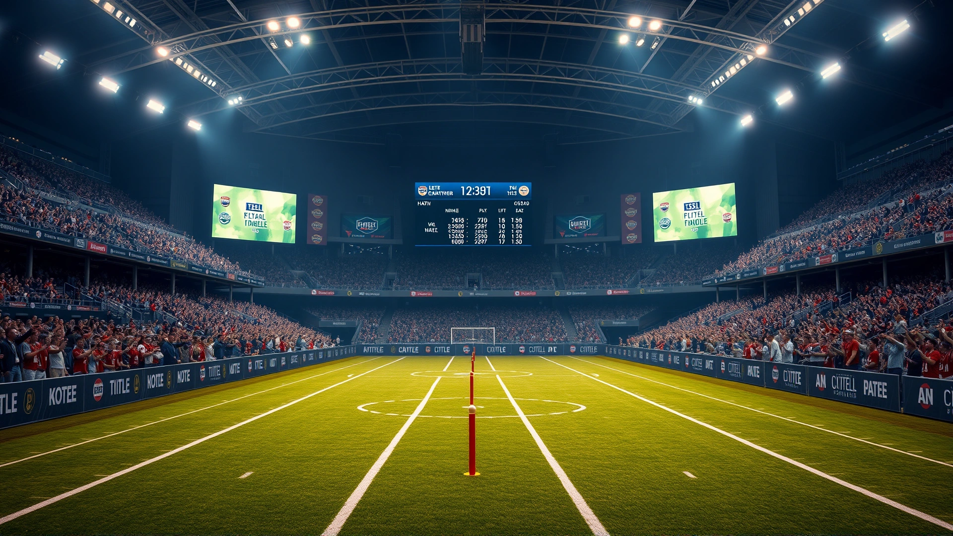 Crowded flyball tournament arena with two racing lanes, digital timer board showing fast times, teams cheering in the background