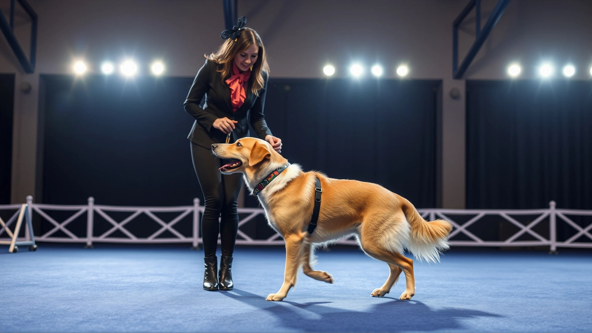 Indoor canine freestyle competition stage with soft spotlights, a handler and dog in coordinated outfits mid-performance