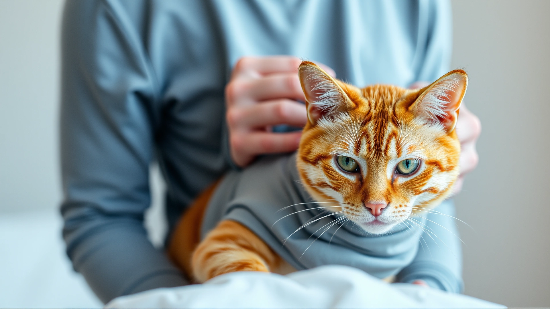 A grey compression shirt being gently put on a ginger cat by its owner.