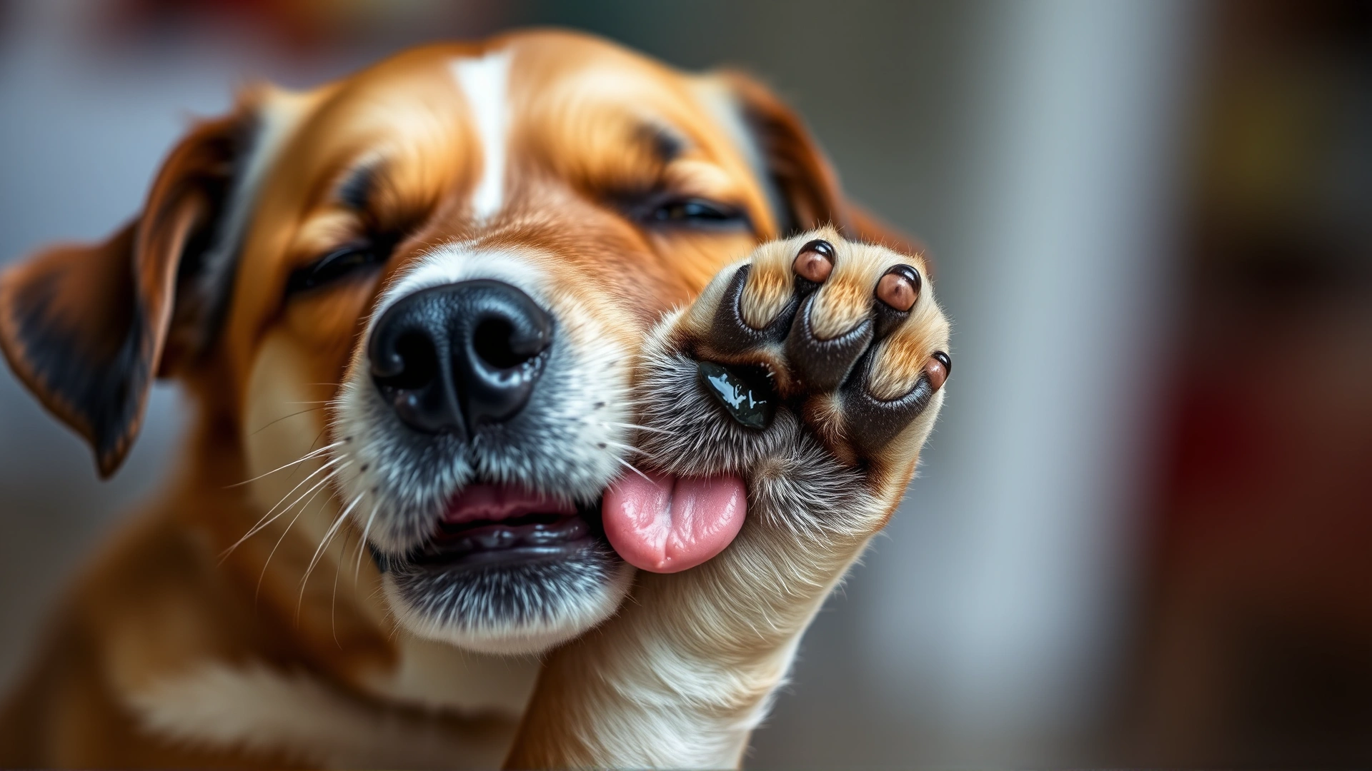 A dog intensely licking its front paw, focus on the paw and tongue with blurred background, depicting a common compulsive behavior.