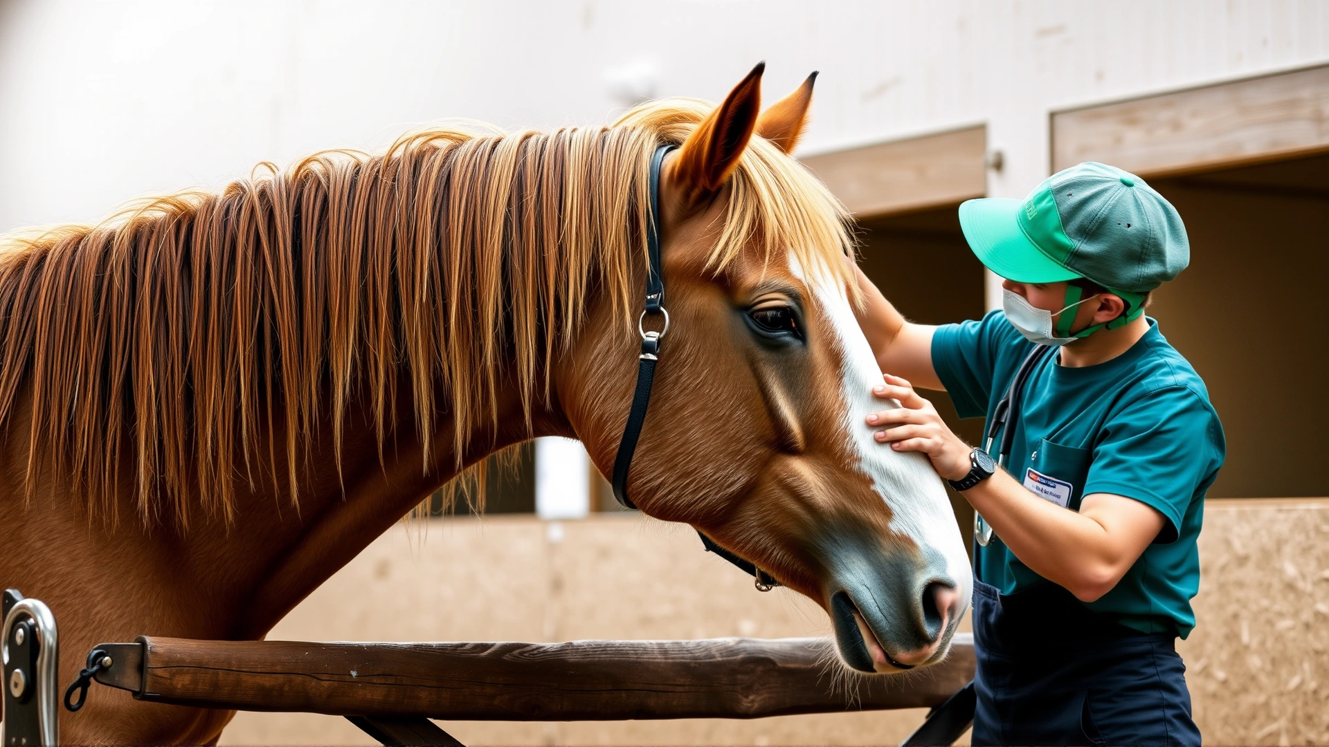 Stable scene where a caregiver is brushing the thick mane of a calm Comtois horse