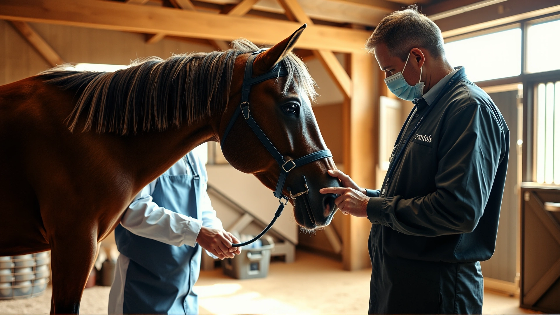 Equine veterinarian inspecting a Comtois horse's hoof inside a well-lit barn