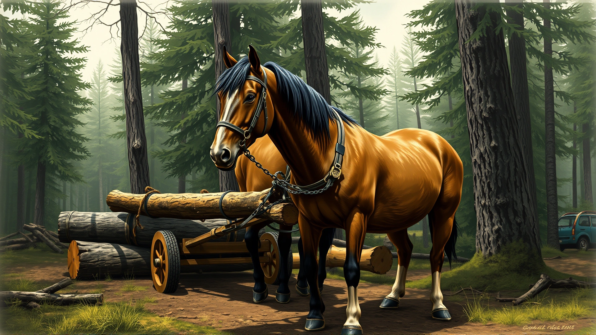 Vintage-style illustration of Comtois horses pulling logs in a French Jura forest, emphasizing the breed's historical use in forestry