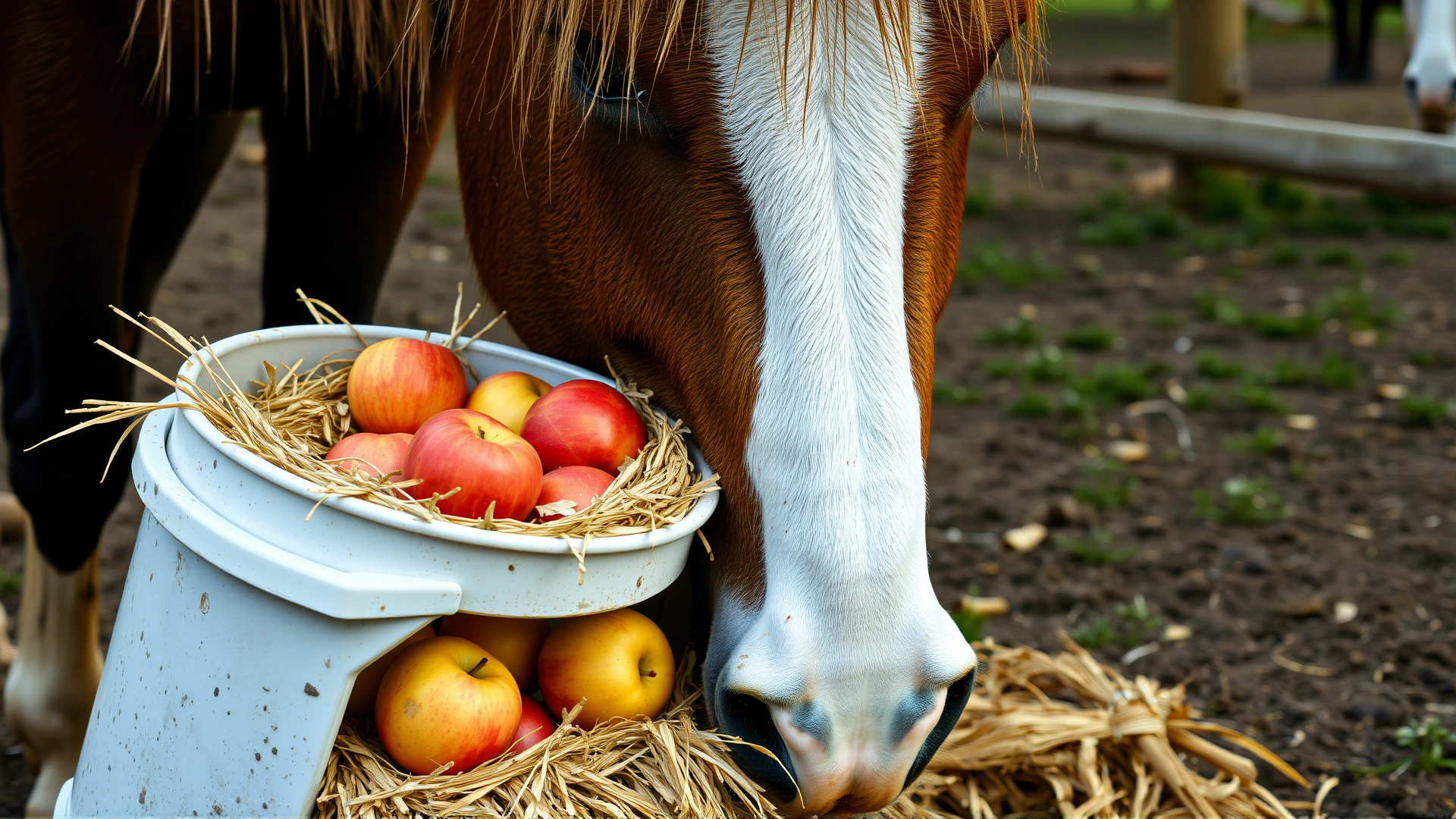 Close-up of a feed bucket containing hay, oats, and apples next to a Comtois horse eating in a paddock