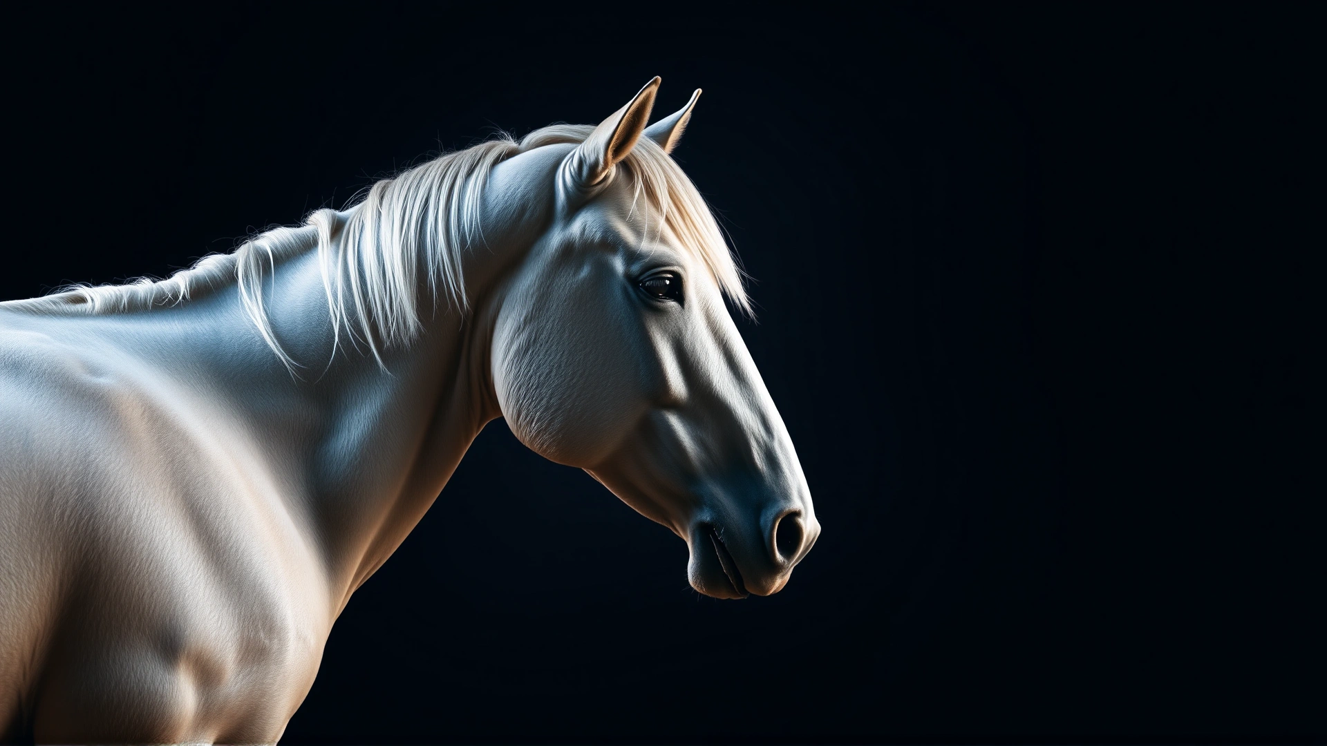 Side profile shot of a Comtois horse in studio lighting to highlight its muscular build and silver-flaxen mane