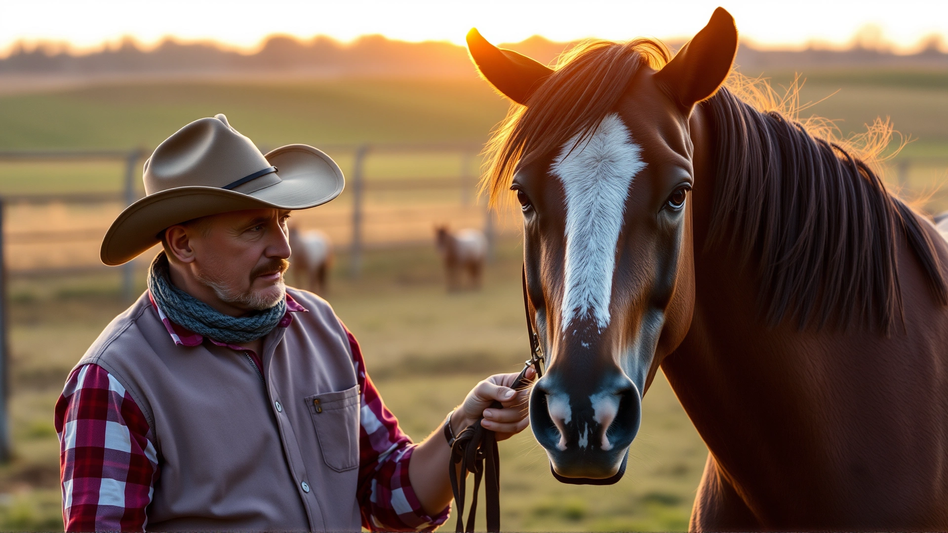 Owner standing next to horse, looking worried while examining horse’s tail, soft sunset light