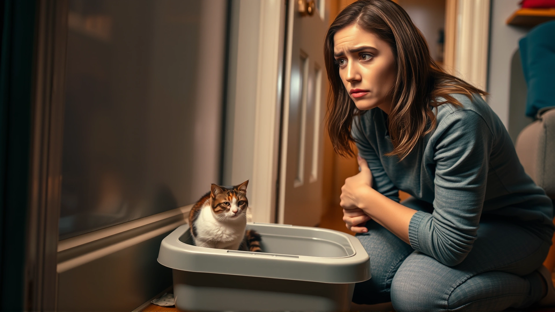 A worried woman kneeling beside her cat in a litter box area, looking concerned, home interior