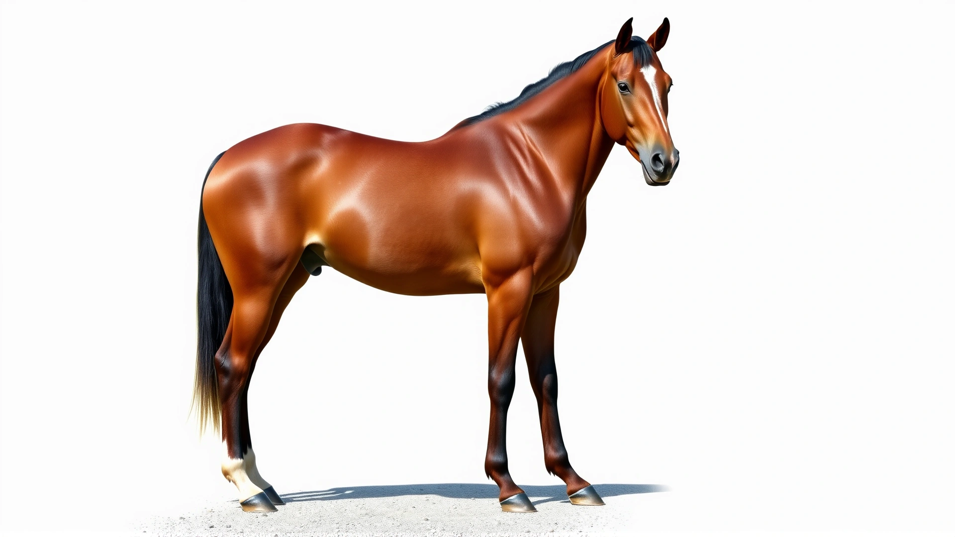 Full-body conformation photo of a well-groomed Gelderland horse standing square on a gravel path, side view, clear lighting to show muscle definition.